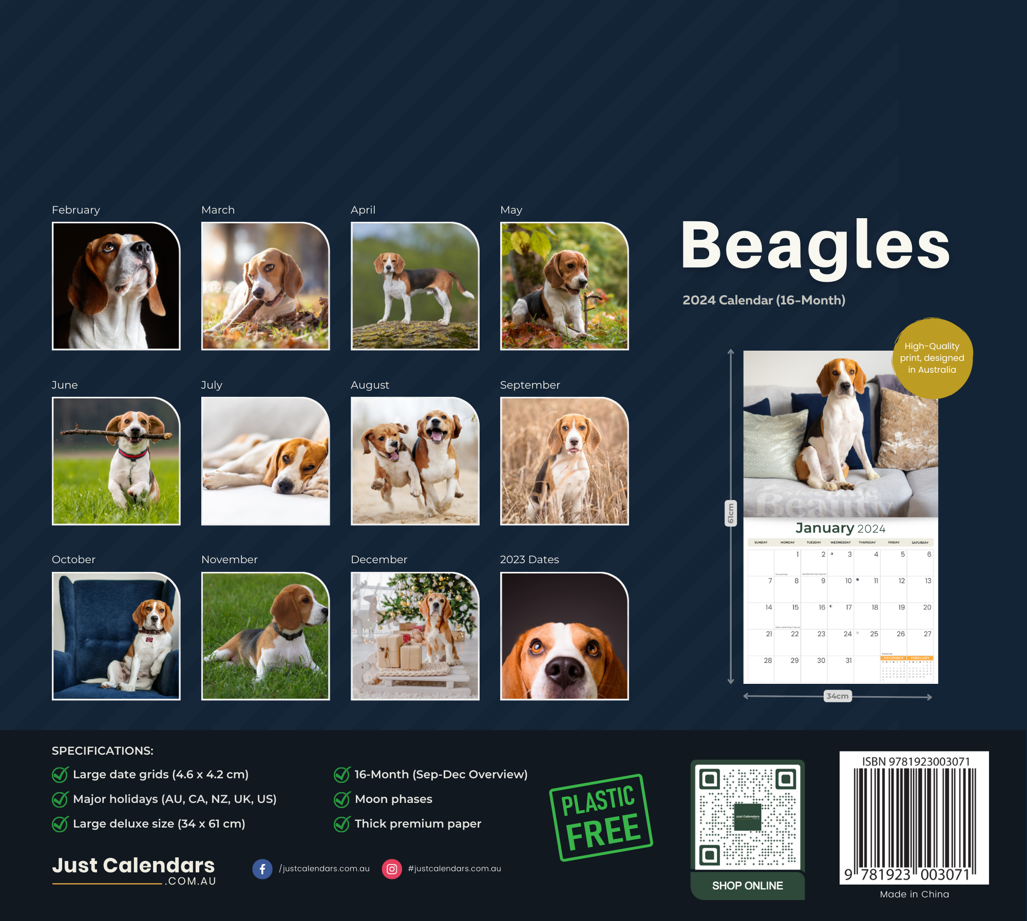 2024 Beagles Dogs & Puppies - Deluxe Wall Calendar by Just Calendars - 16 Month - Plastic Free