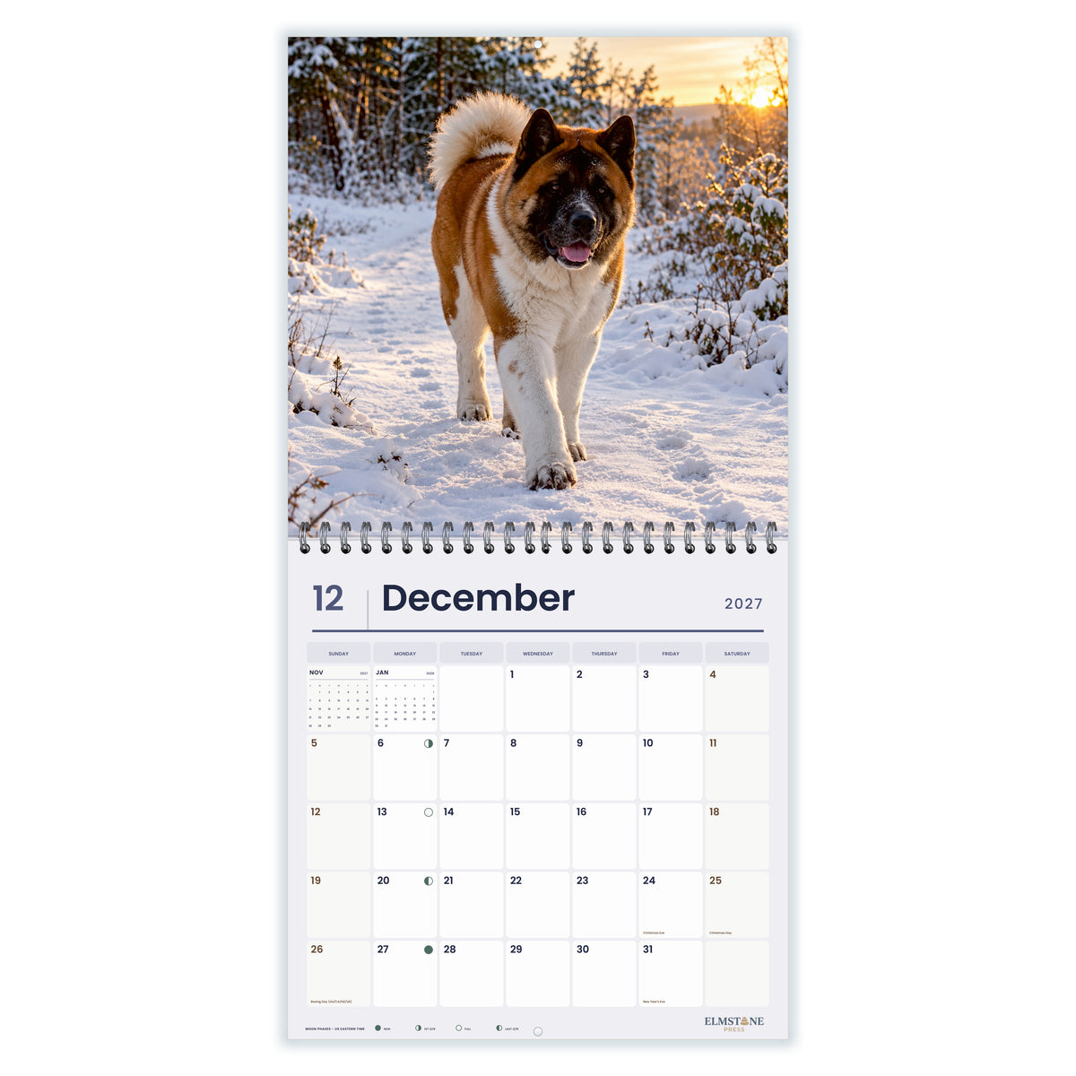 2027 American Akitas Wire-O square wall calendar - december open monthly spread on white