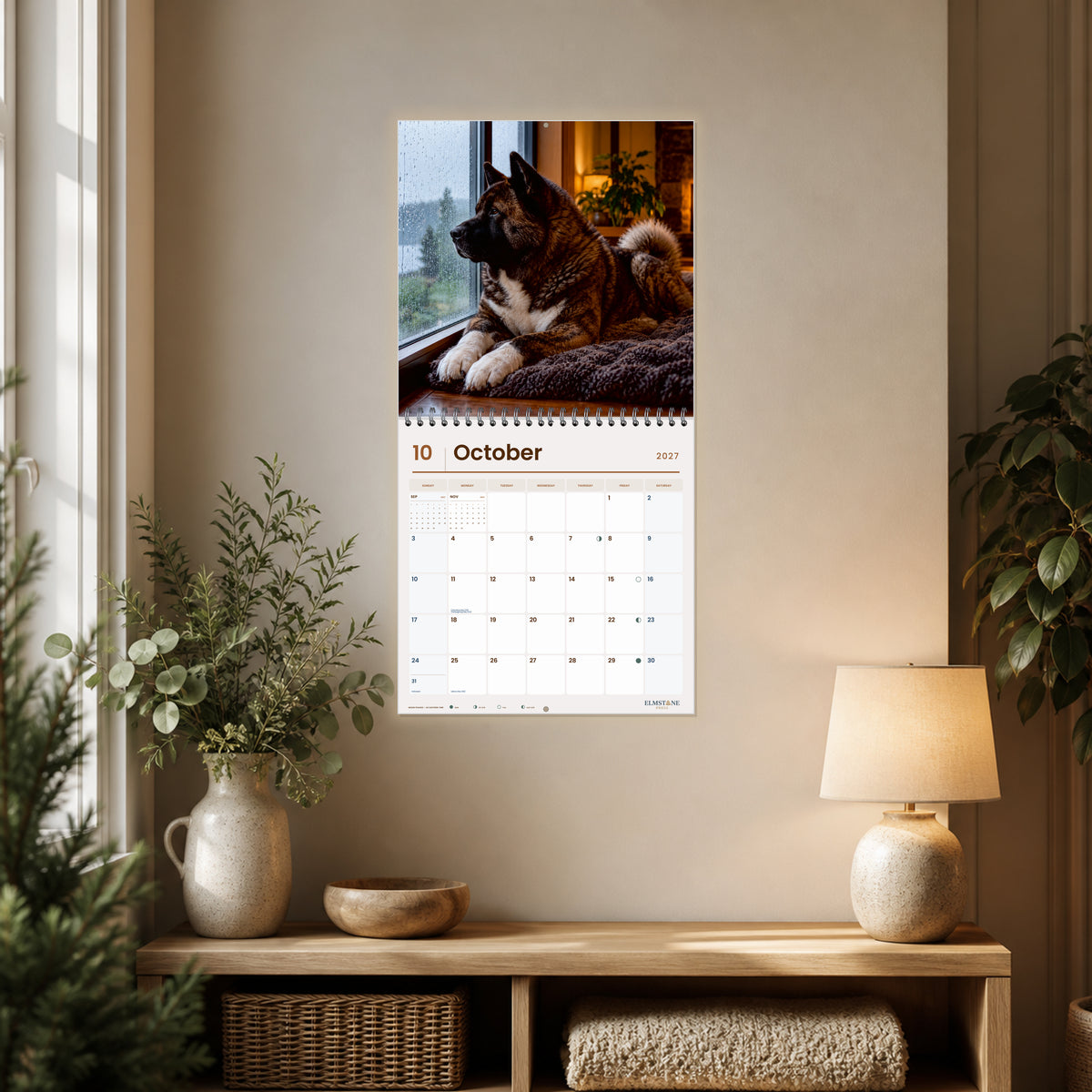 2027 American Akitas Wire-O square wall calendar - open calendar displayed in a close reading nook october