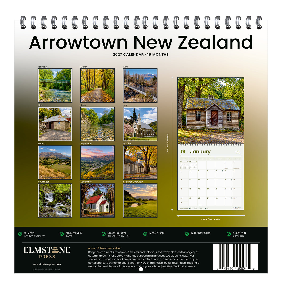 2027 Arrowtown New Zealand Wire-O square wall calendar - back cover