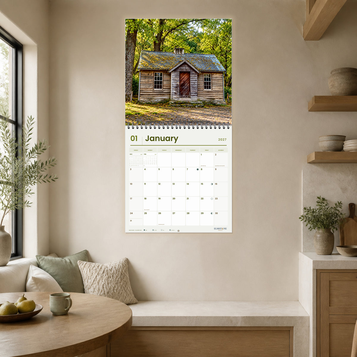 2027 Arrowtown New Zealand Wire-O square wall calendar - open calendar displayed in a breakfast nook january
