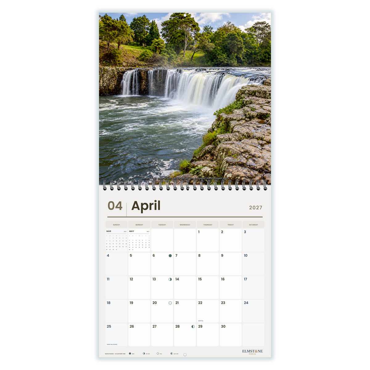 2027 Bay of Islands New Zealand Wire-O square wall calendar - april open monthly spread on white