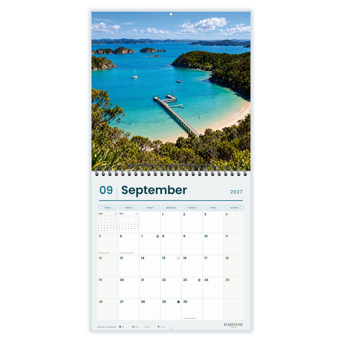 2027 Bay of Islands New Zealand Wire-O square wall calendar - september open monthly spread on white