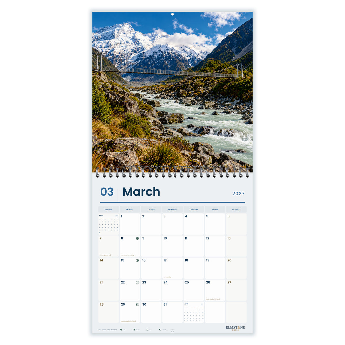 2027 Canterbury New Zealand Wire-O square wall calendar - march open monthly spread on white