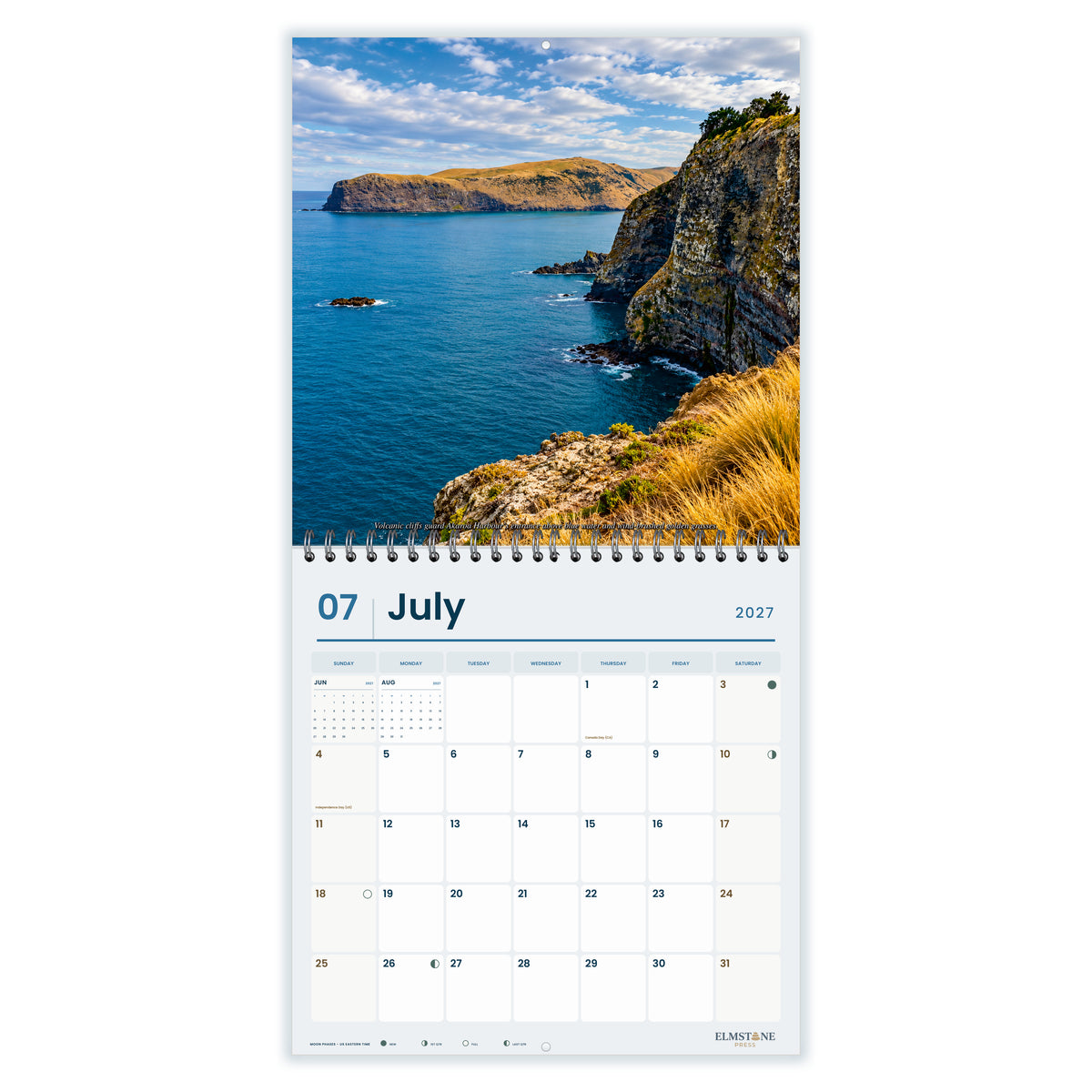 2027 Canterbury New Zealand Wire-O square wall calendar - july open monthly spread on white