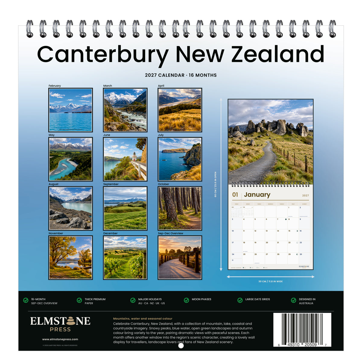 2027 Canterbury New Zealand Wire-O square wall calendar - back cover