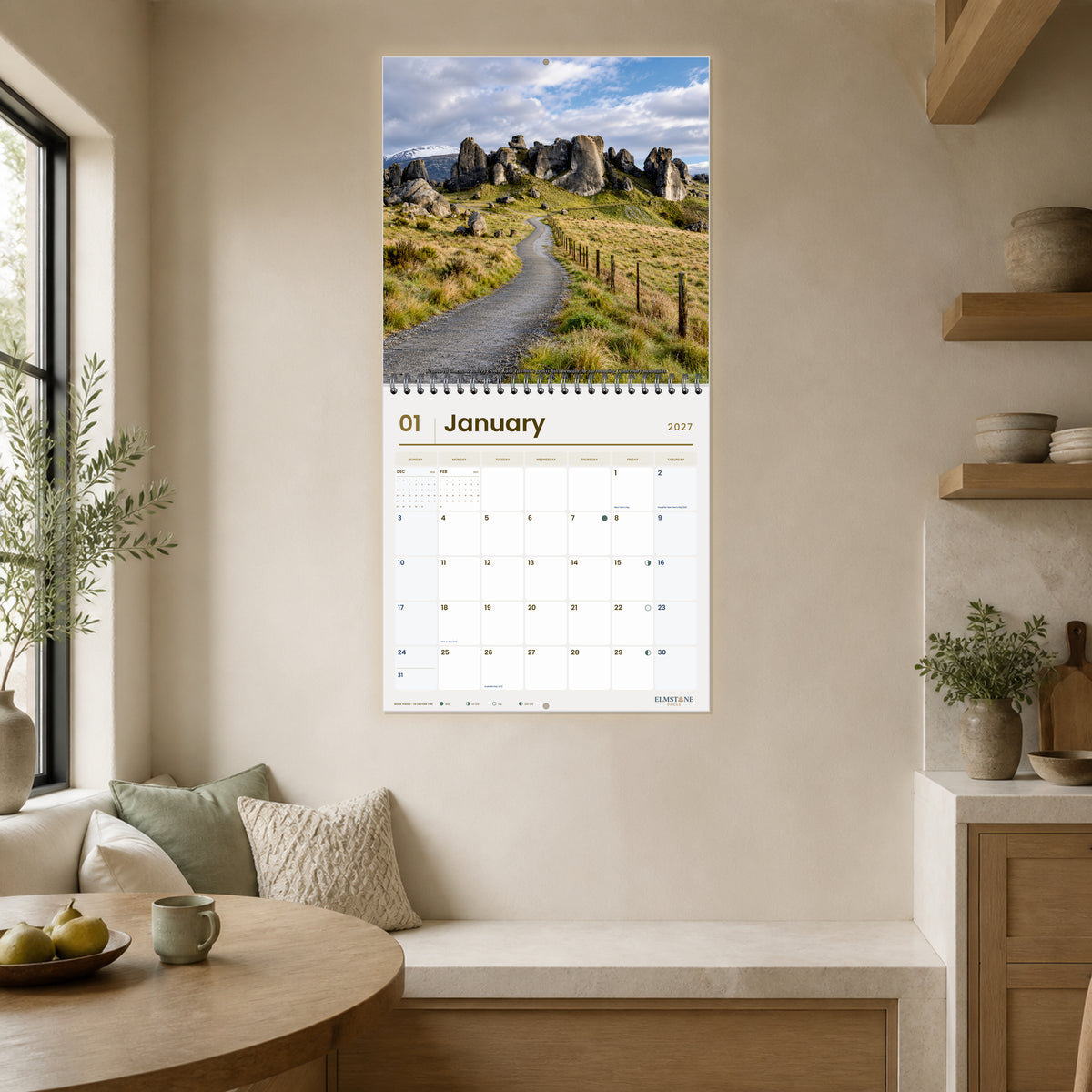 2027 Canterbury New Zealand Wire-O square wall calendar - open calendar displayed in a breakfast nook january