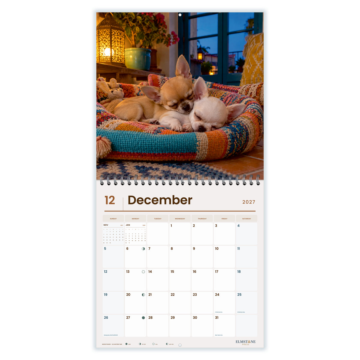2027 Chihuahua Puppies Wire-O square wall calendar - december open monthly spread on white
