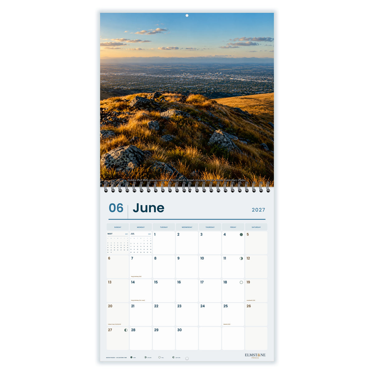2027 Christchurch New Zealand Wire-O square wall calendar - june open monthly spread on white