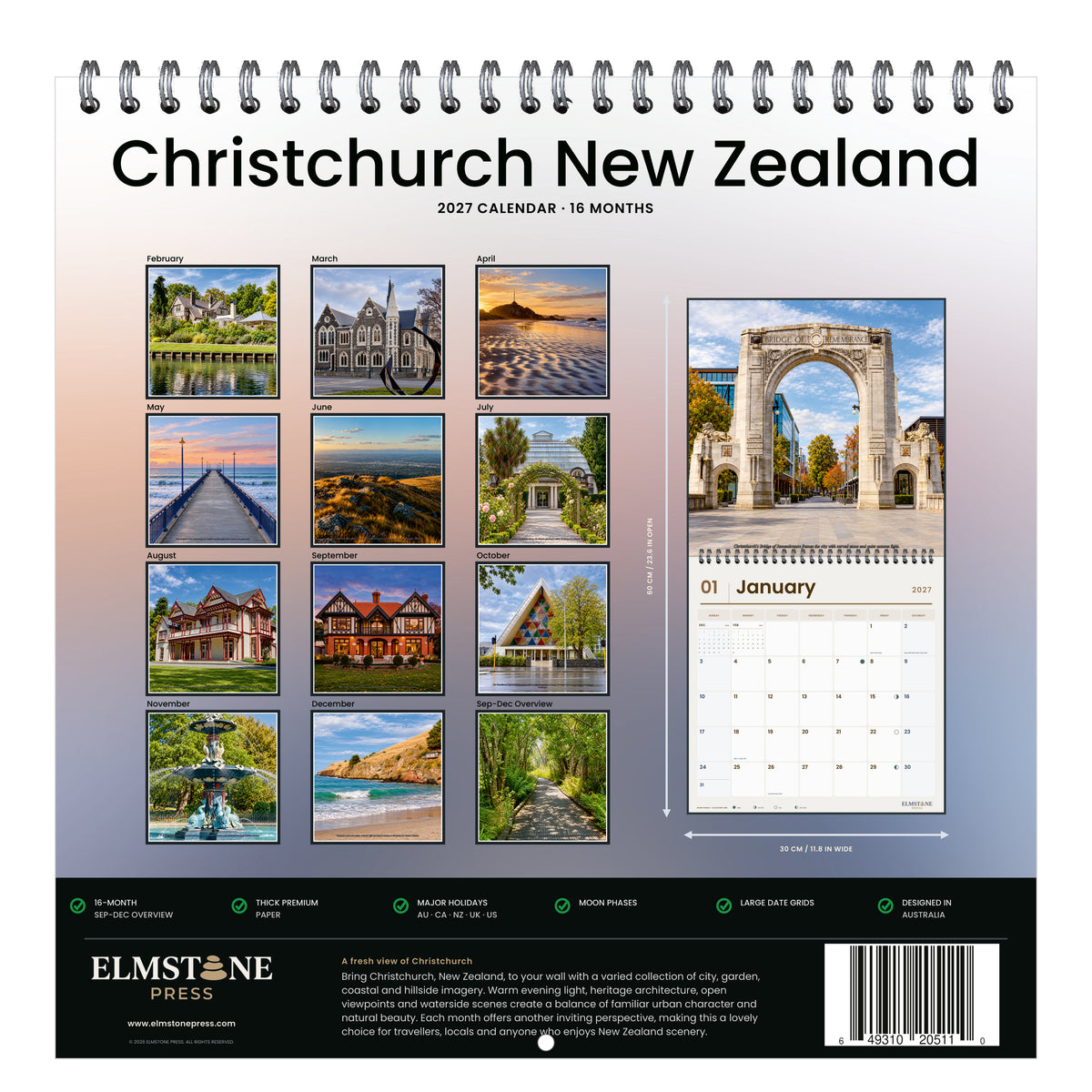 2027 Christchurch New Zealand Wire-O square wall calendar - back cover
