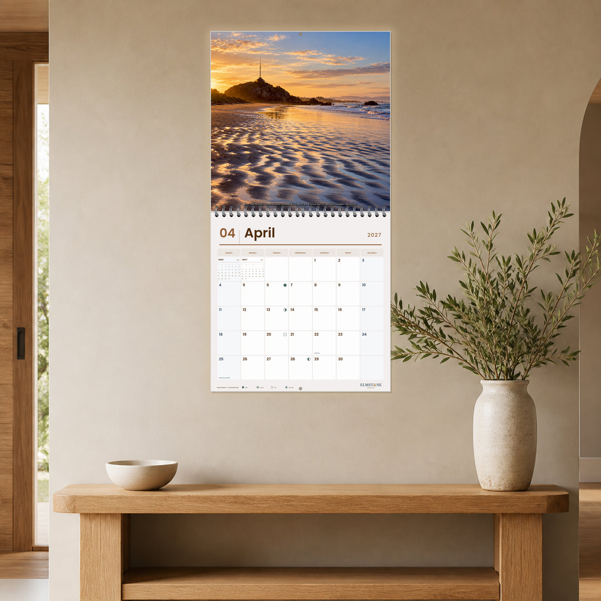 2027 Christchurch New Zealand Wire-O square wall calendar - open calendar displayed in a taupe entry april