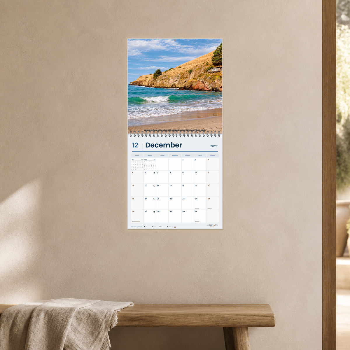 2027 Christchurch New Zealand Wire-O square wall calendar - open calendar displayed in a clay hallway december