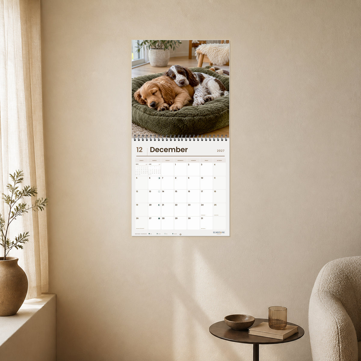2027 English Cocker Spaniel Puppies Wire-O square wall calendar - open calendar displayed in a ivory reading nook december