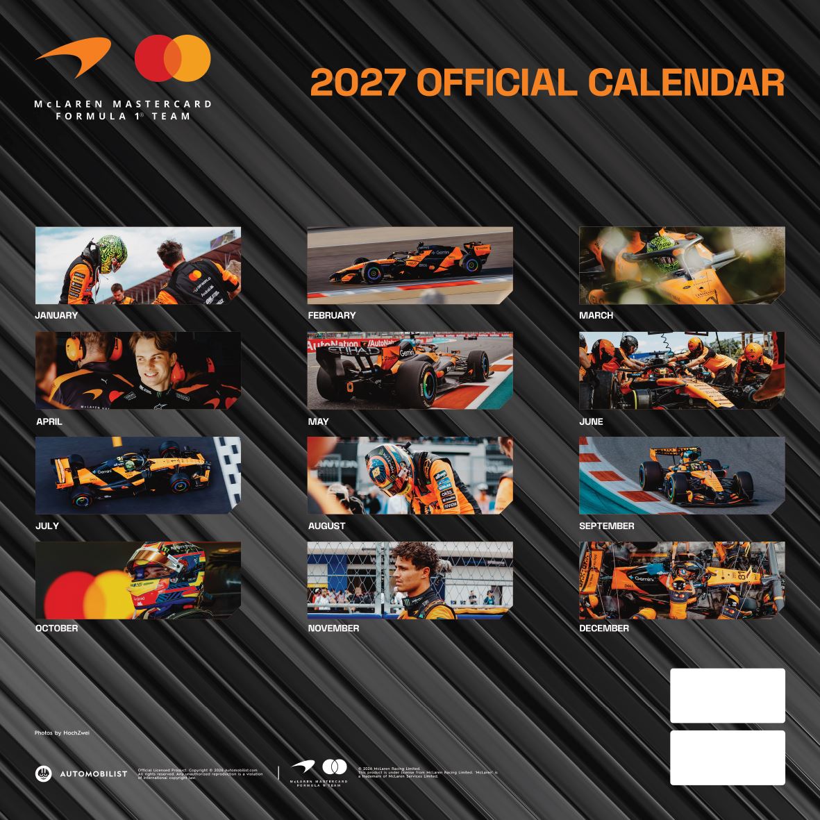 2027 Formula One McLaren square wall calendar back cover with monthly image previews
