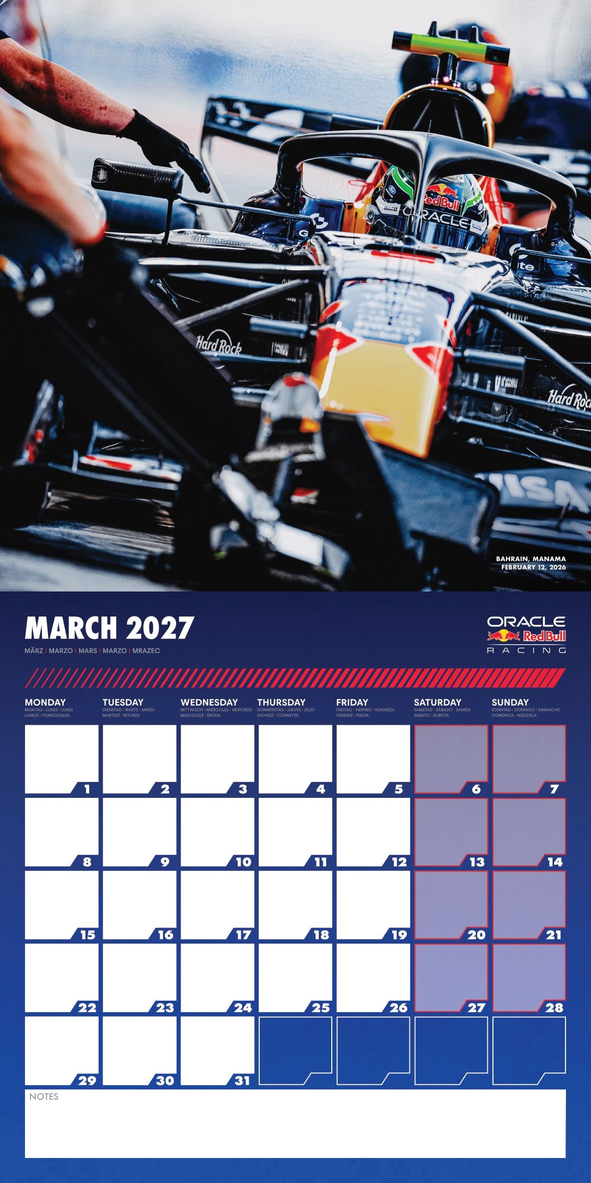 2027 Formula One Red Bull square wall calendar inside monthly layout