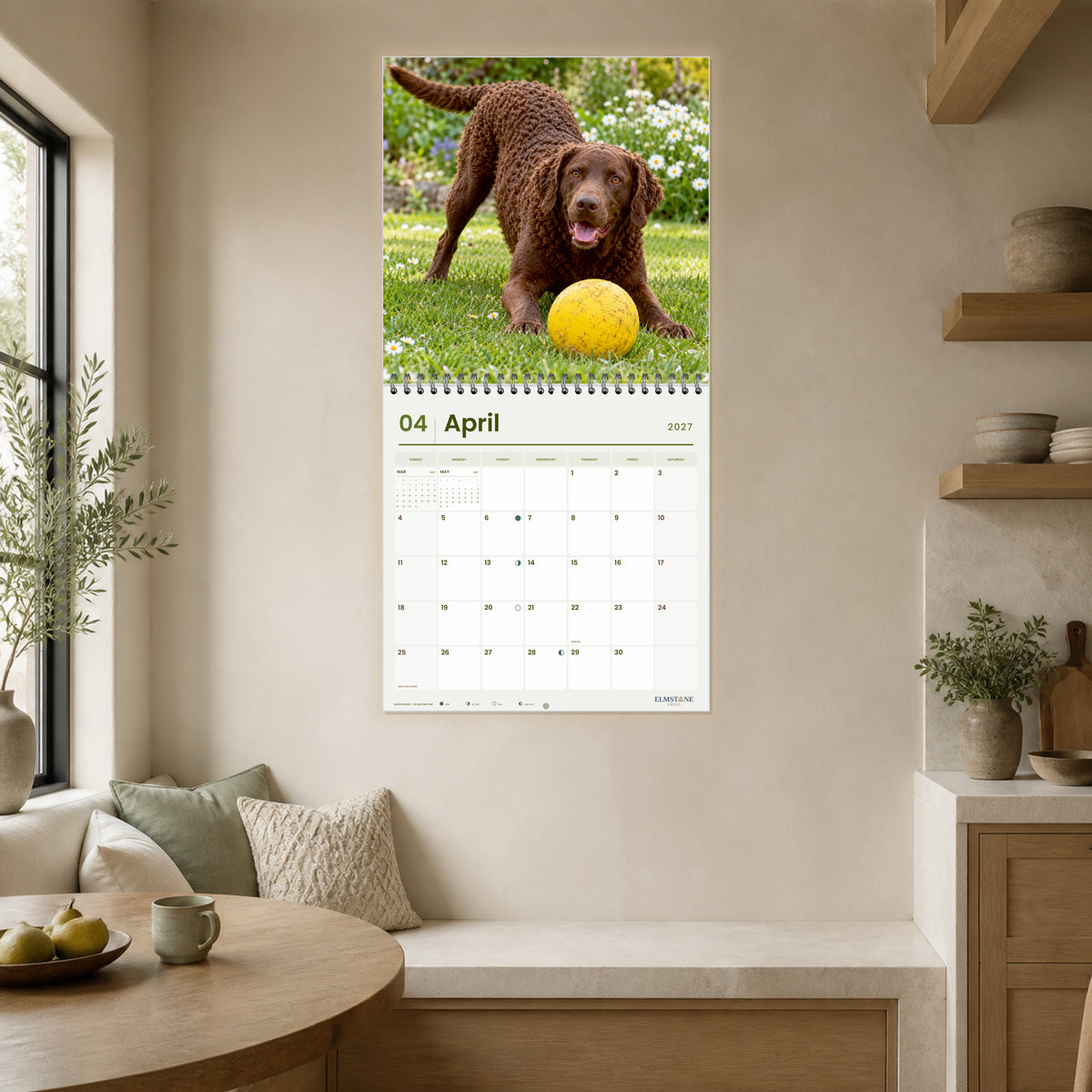2027 Murray River Retrievers Wire-O square wall calendar - open calendar displayed in a breakfast nook april