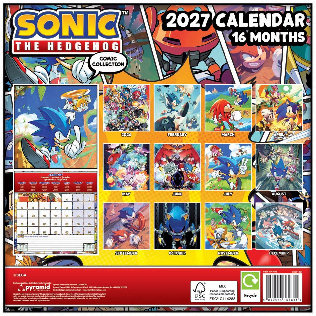 2027 Sonic the Hedgehog square wall calendar back cover with monthly image previews