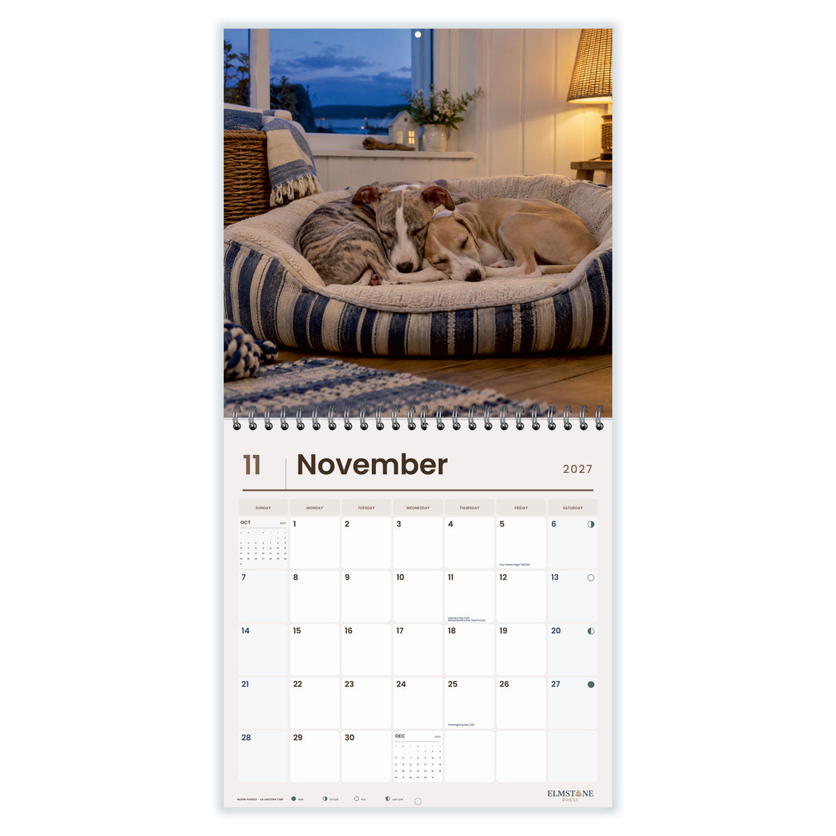 2027 Whippet Puppies Wire-O square wall calendar - november open monthly spread on white