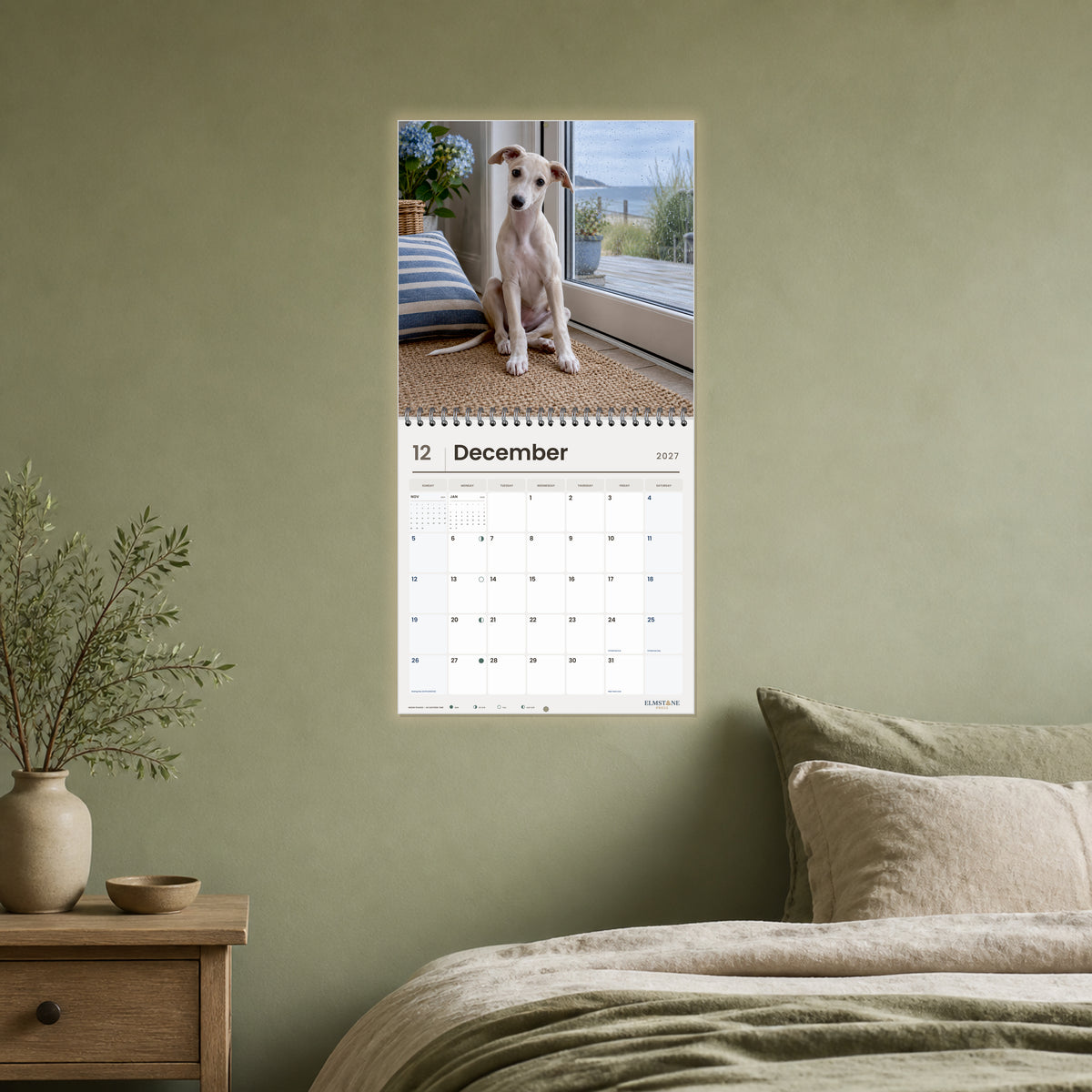 2027 Whippet Puppies Wire-O square wall calendar - open calendar displayed in a sage bedroom december