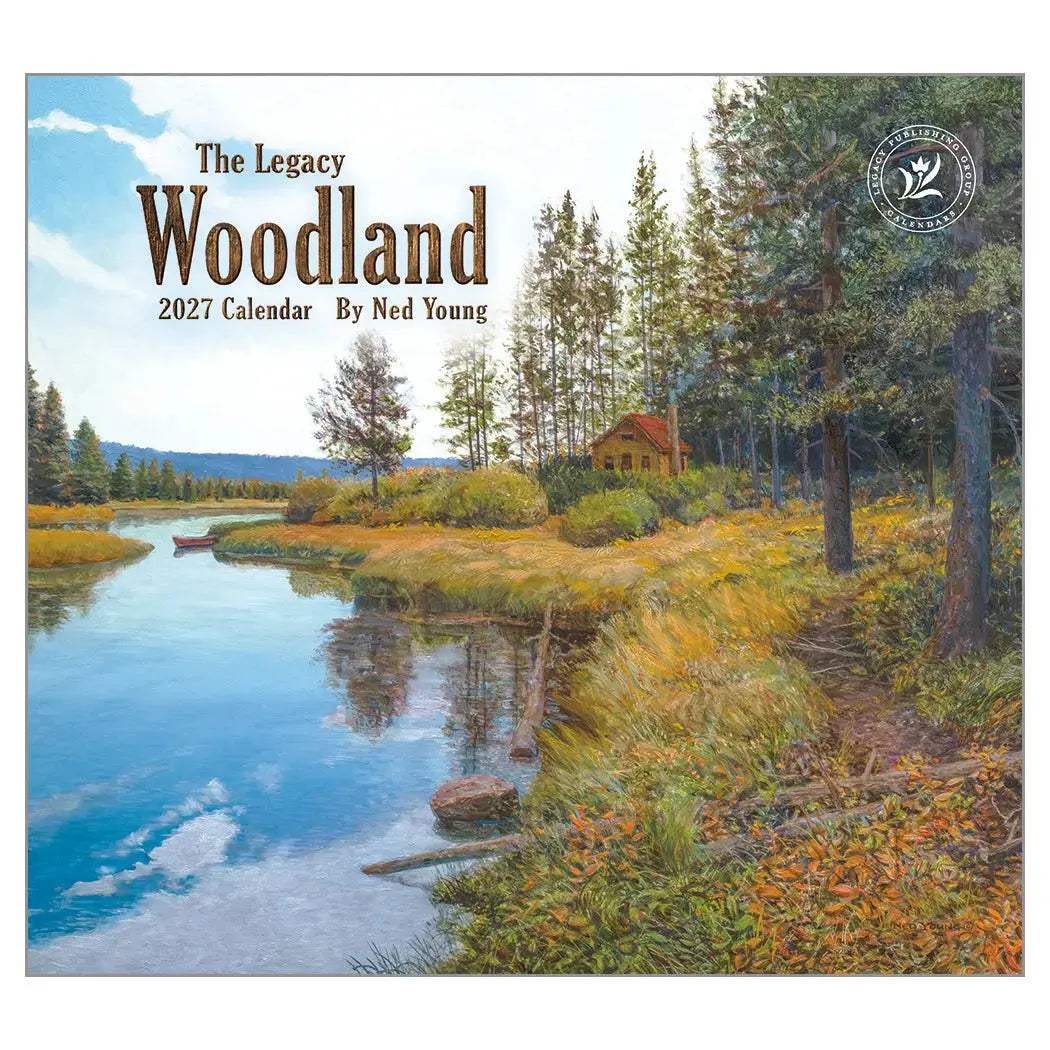 2027 Woodland Deluxe Wall Calendar by Ned Young - Front cover with lakeside cabin artwork