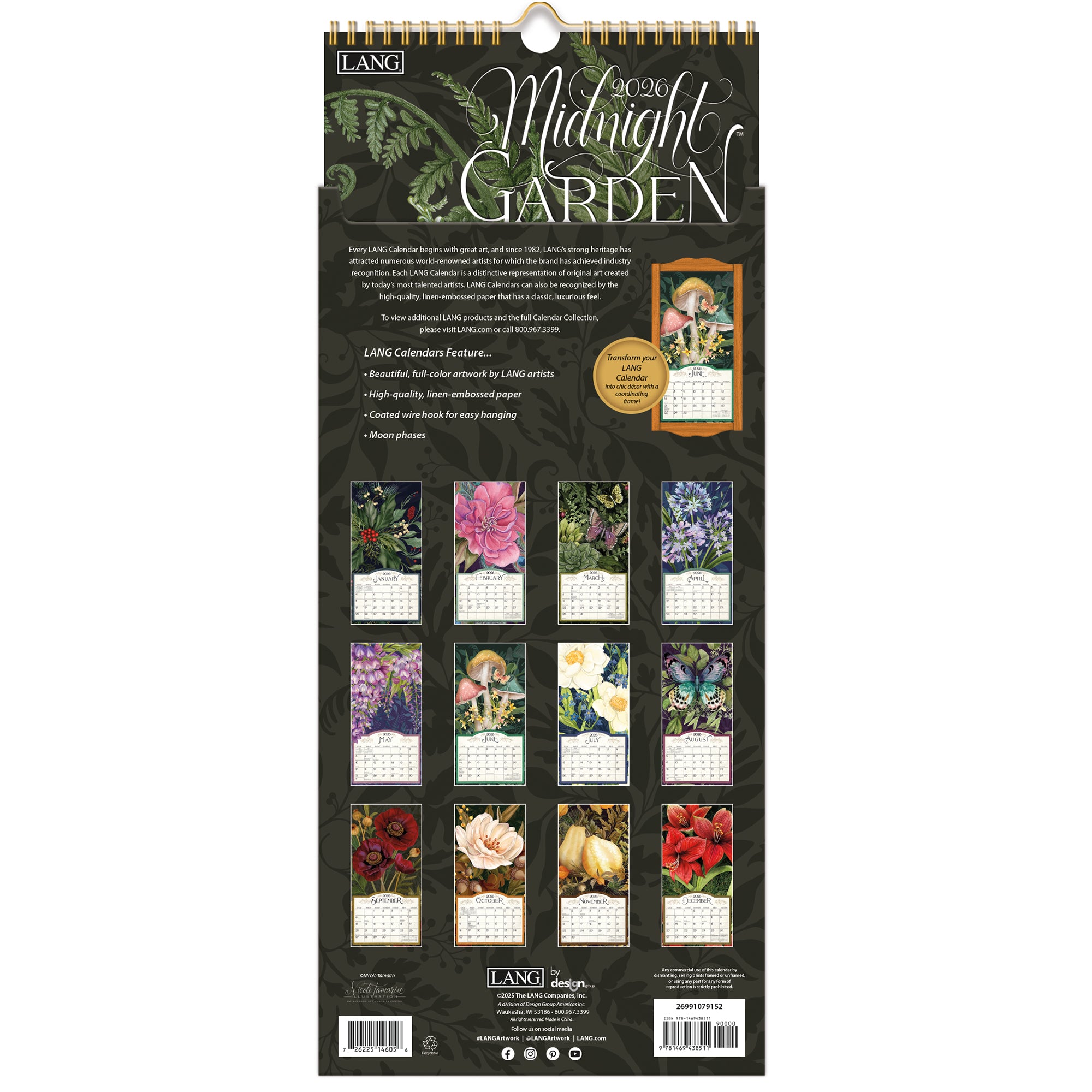 2026 LANG Midnight Garden - Slim Vertical Wall Calendar