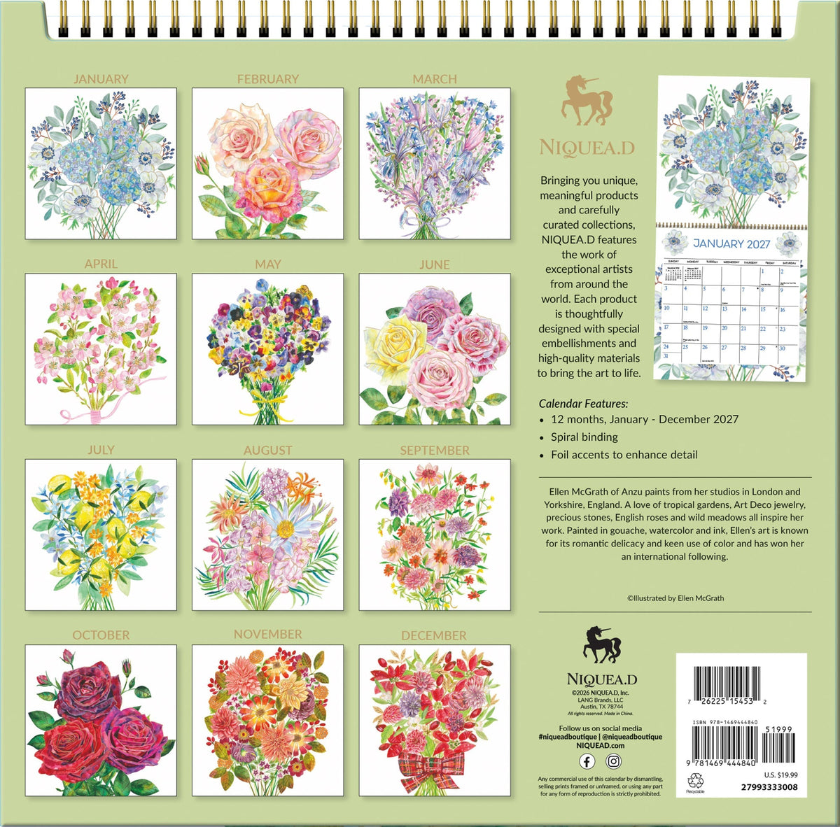 2027 Bouquet - Spiral Square Wall Calendar