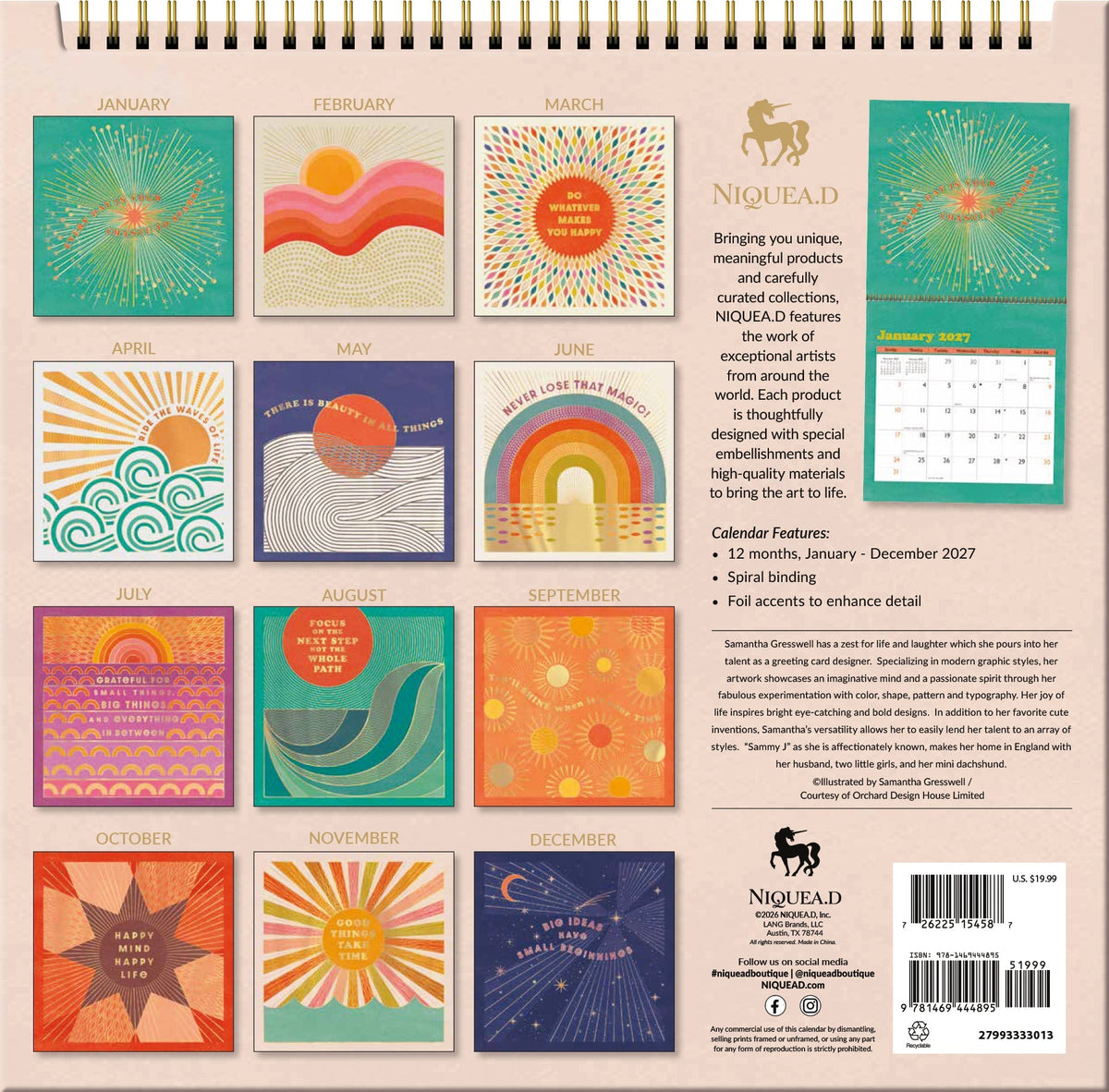 2027 Sunshine Affirmations - Spiral Square Wall Calendar