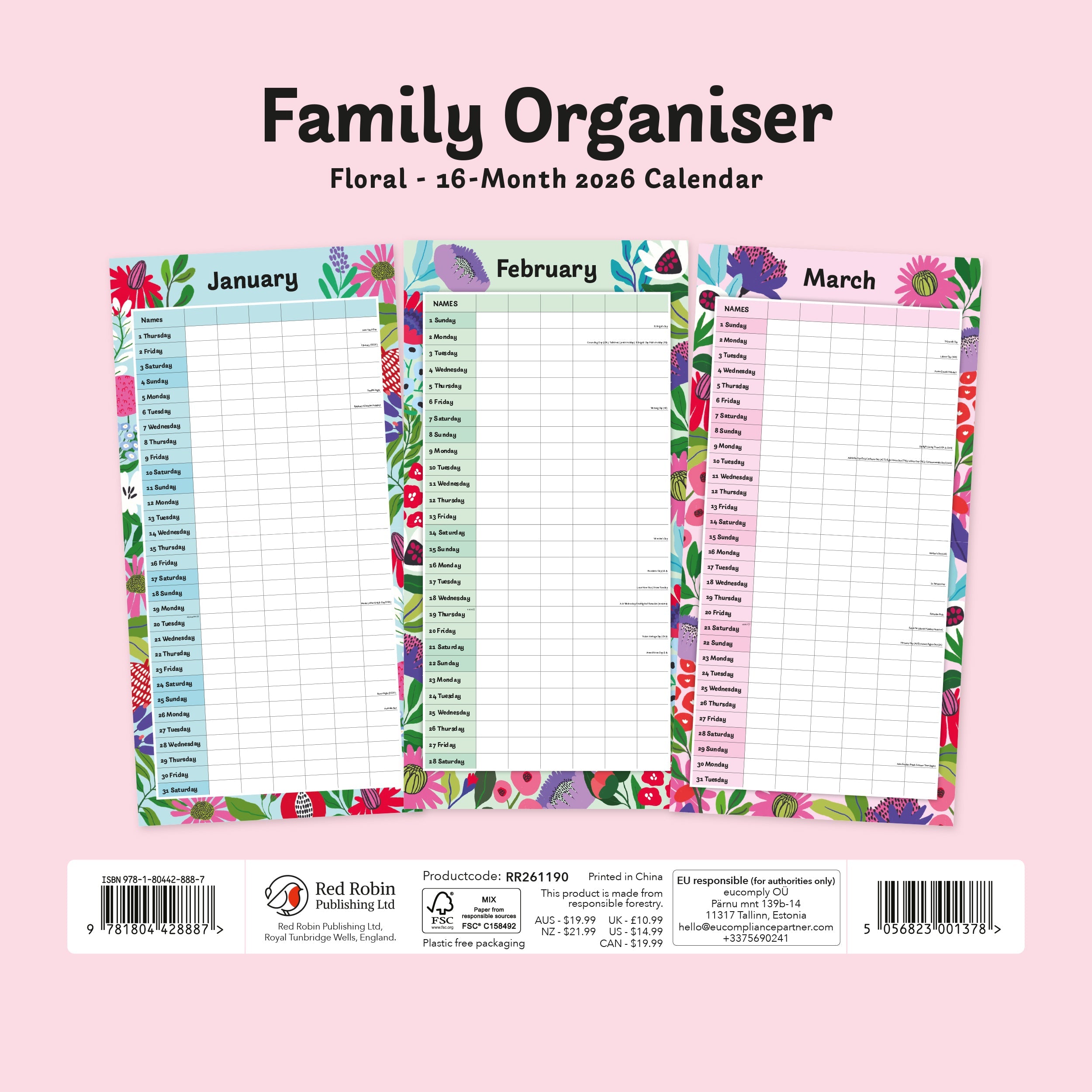 2026 Family Organiser - Floral - Square Wall Calendar