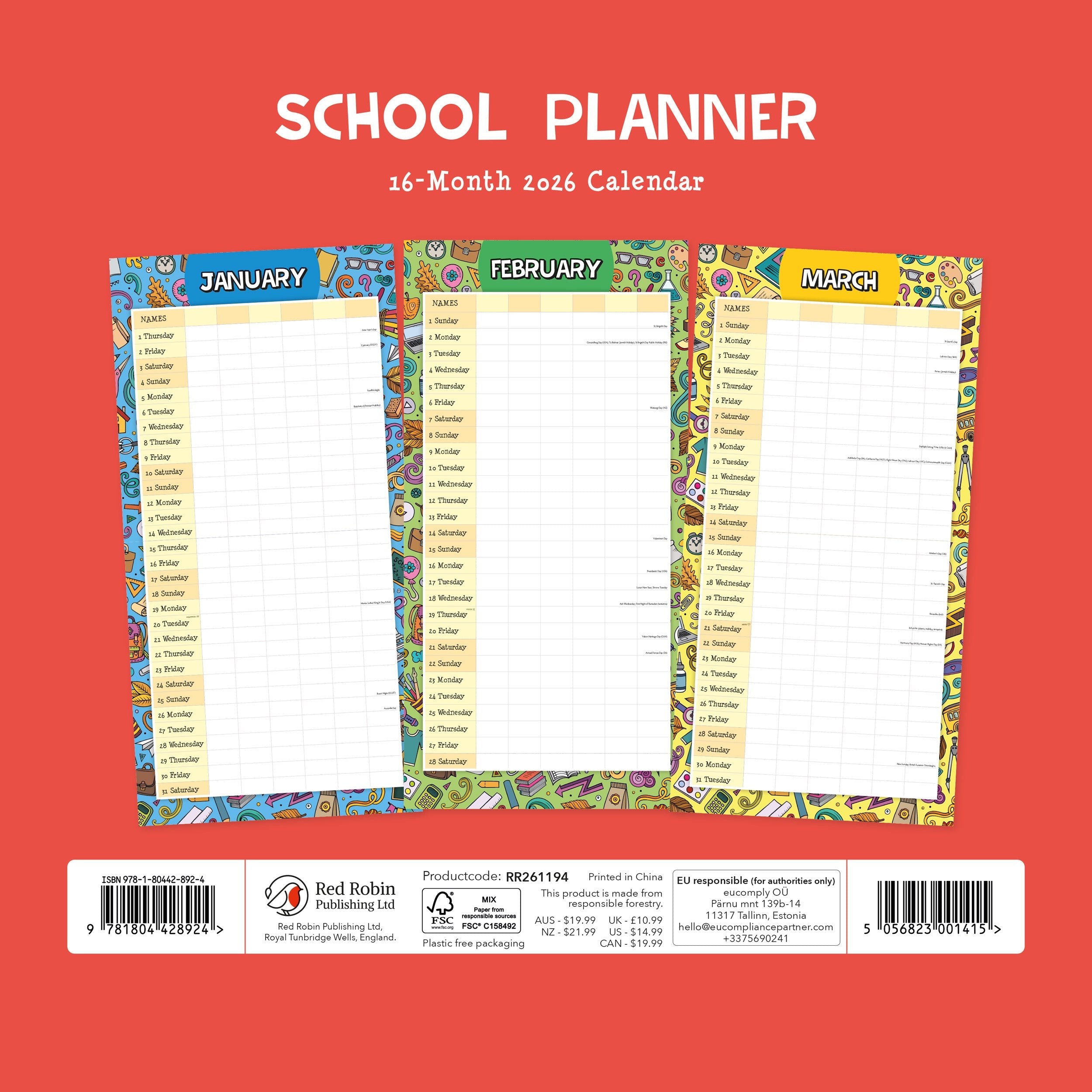 2026 School Planner - Square Wall Calendar
