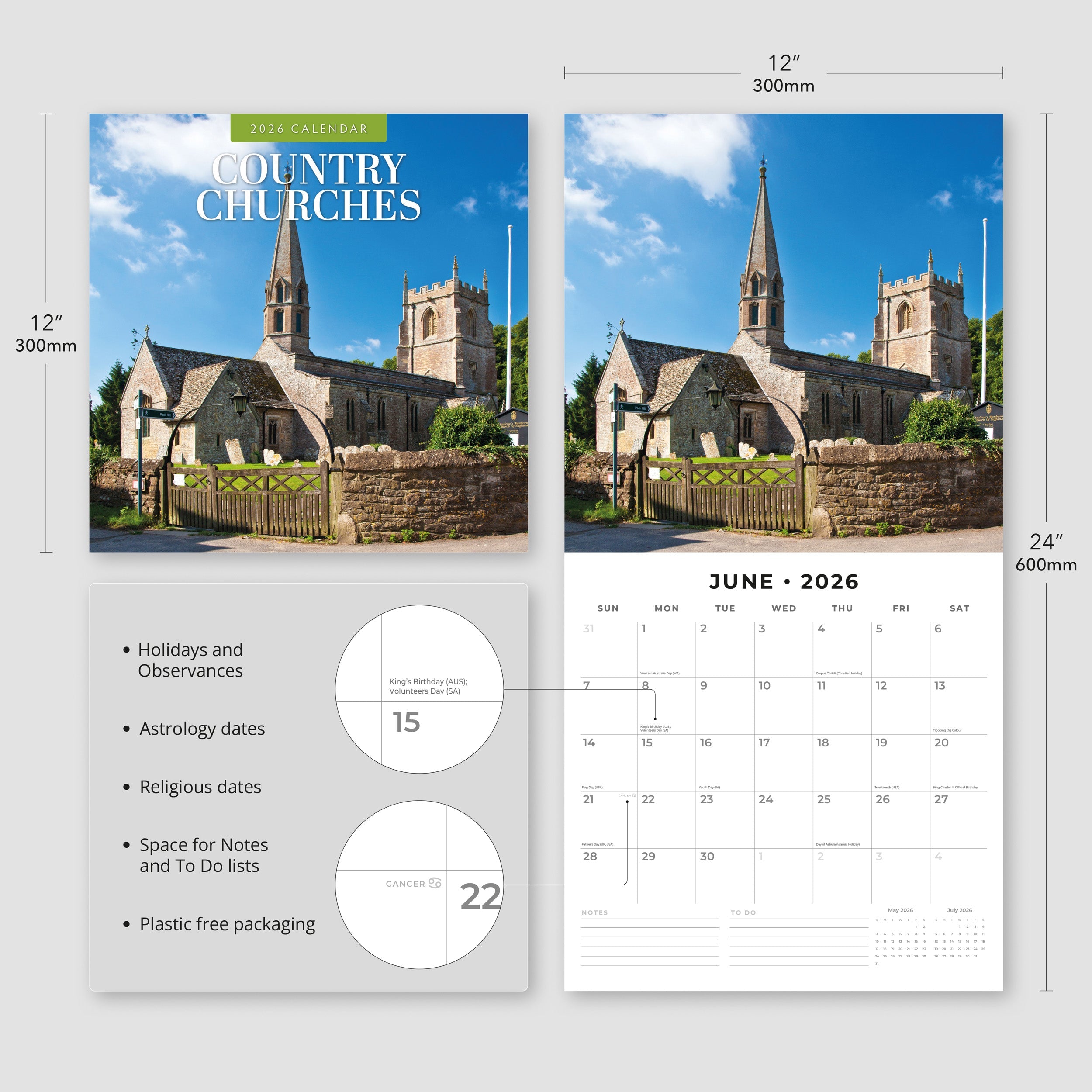 2026 Country Churches - Square Wall Calendar