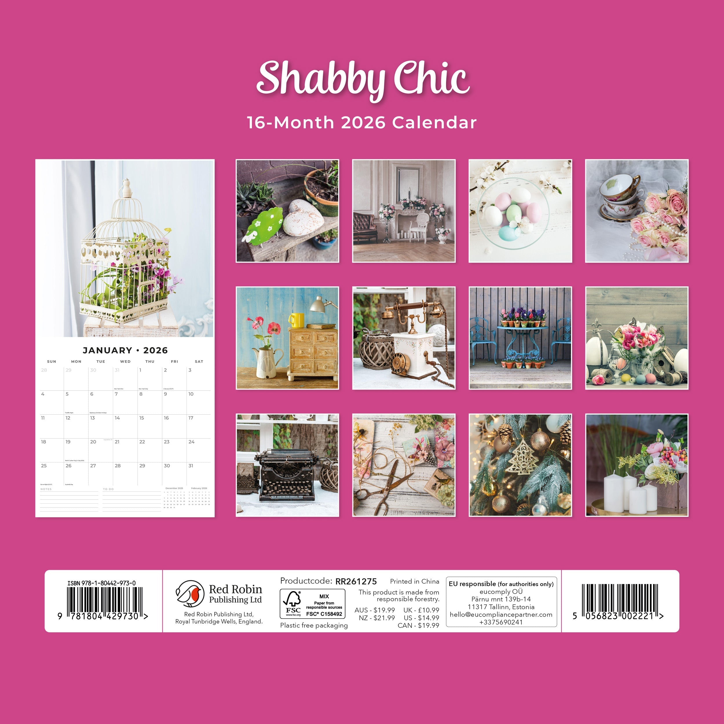 2026 Shabby Chic - Square Wall Calendar