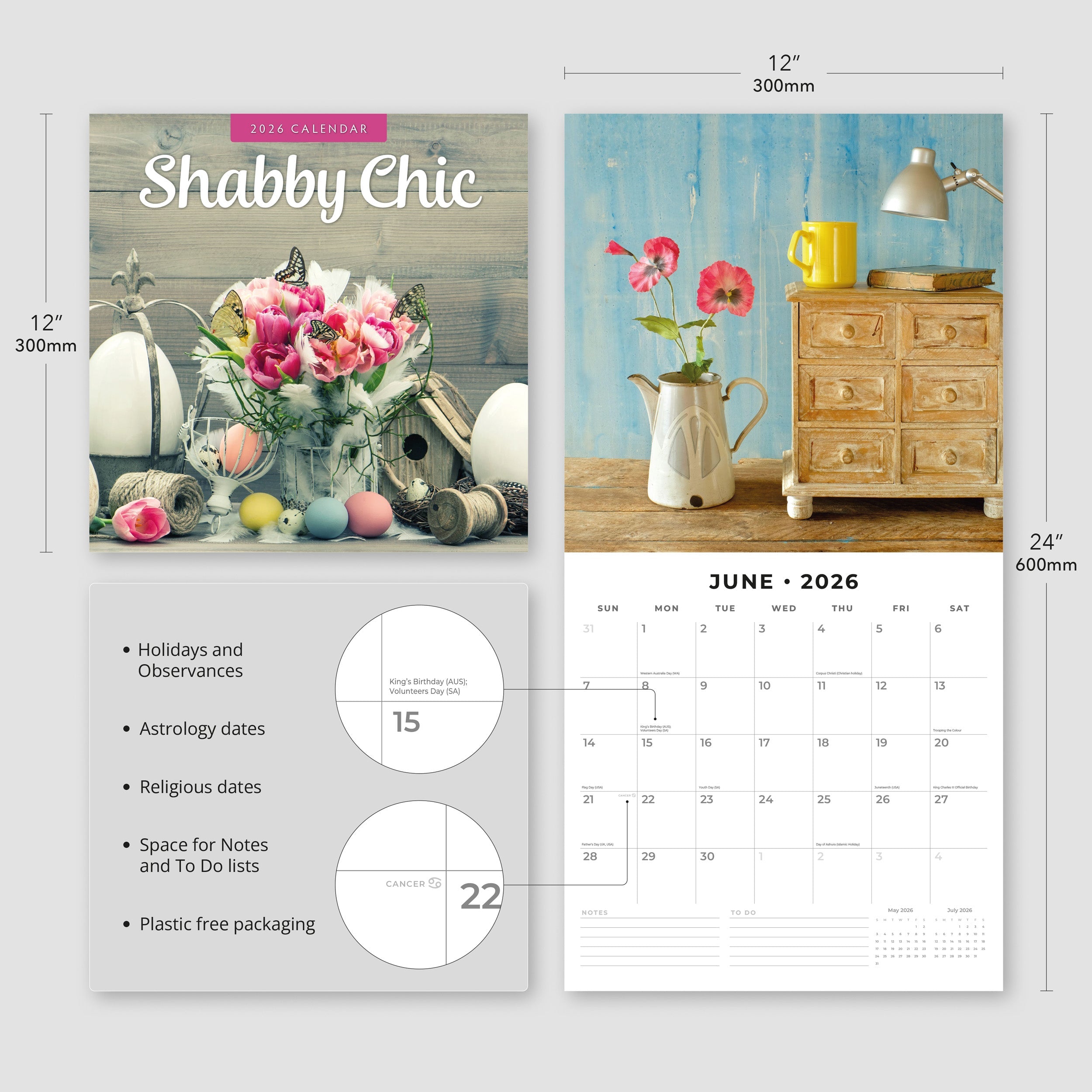 2026 Shabby Chic - Square Wall Calendar