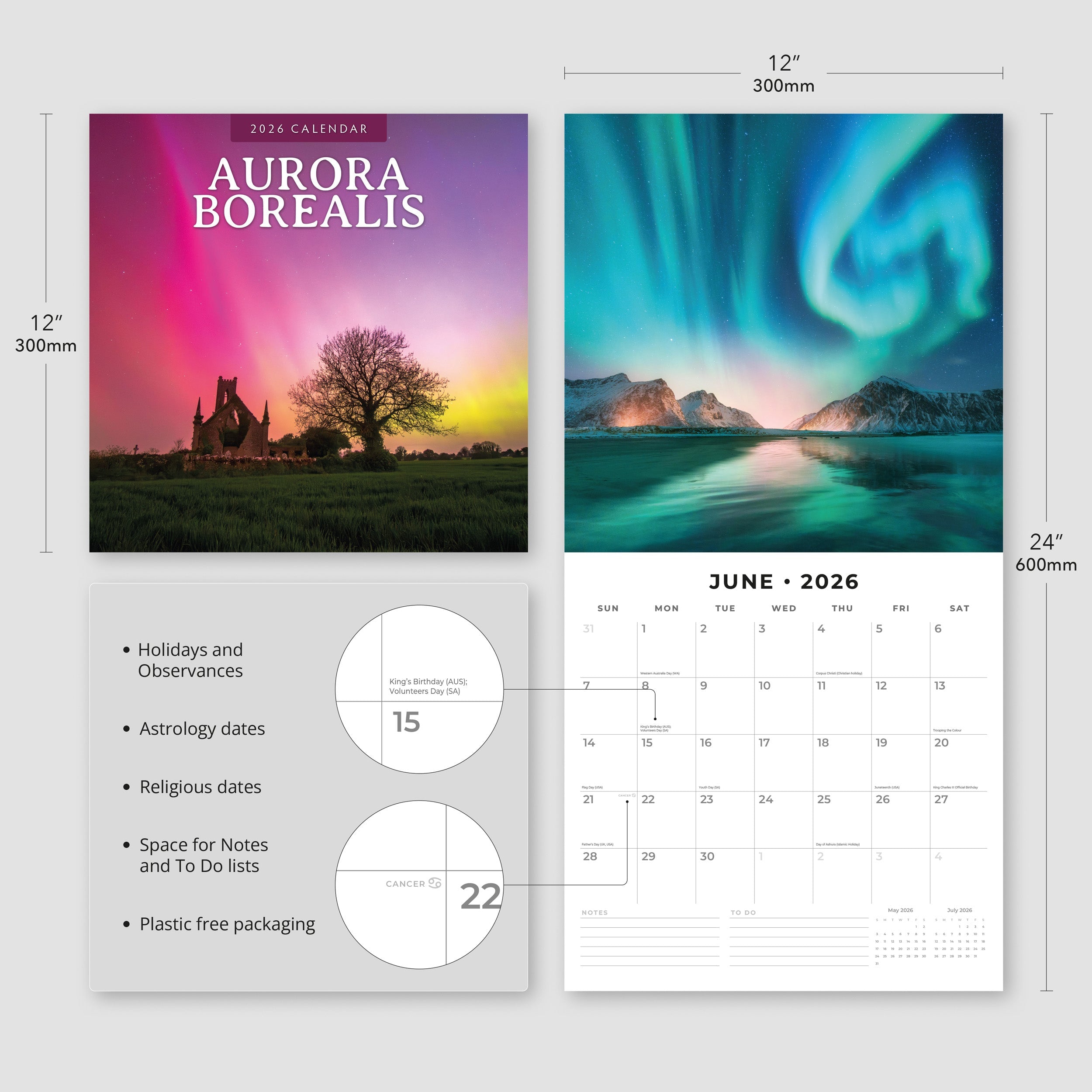 2026 Aurora Boraellis - Northern lights - Square Wall Calendar