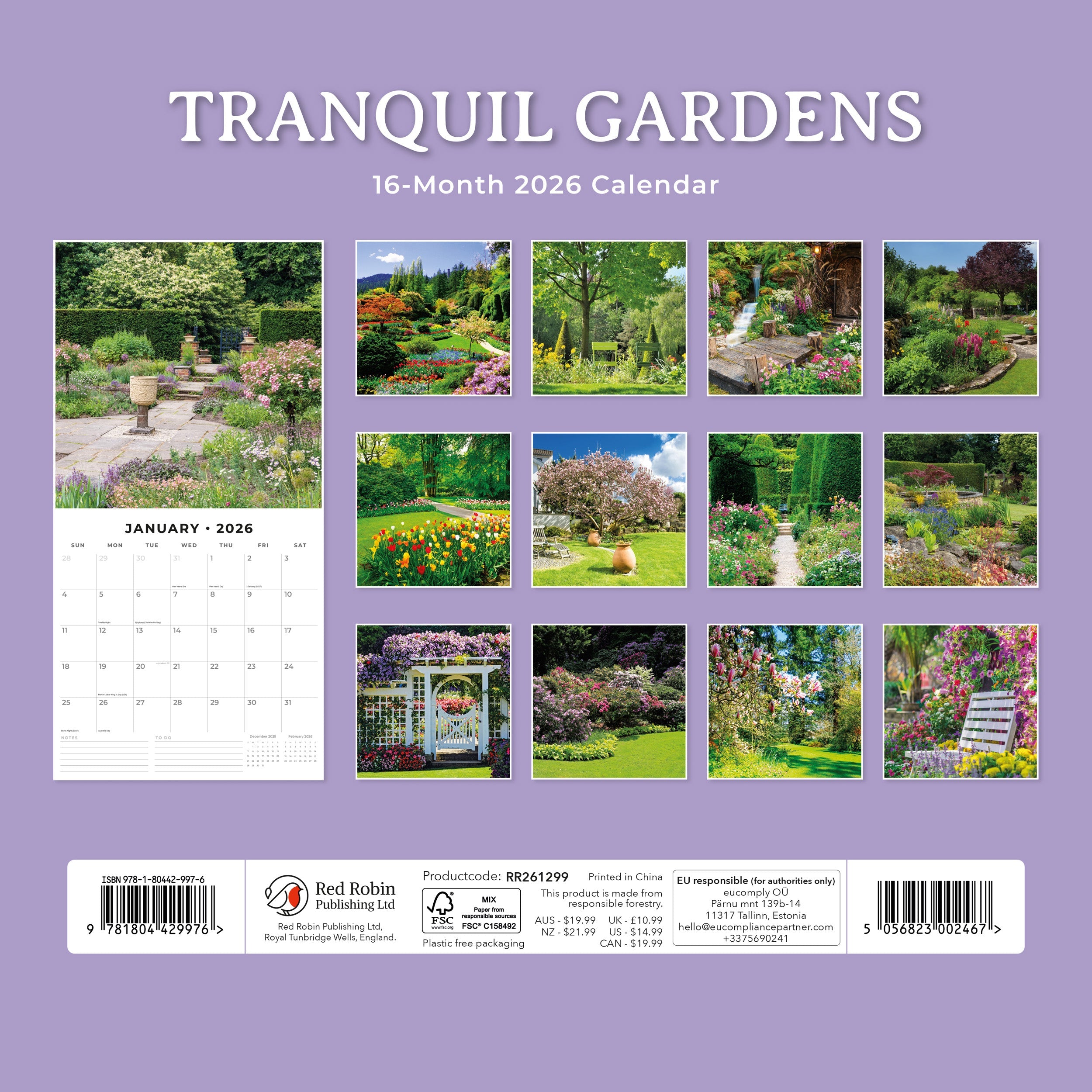 2026 Tranquil Gardens - Square Wall Calendar