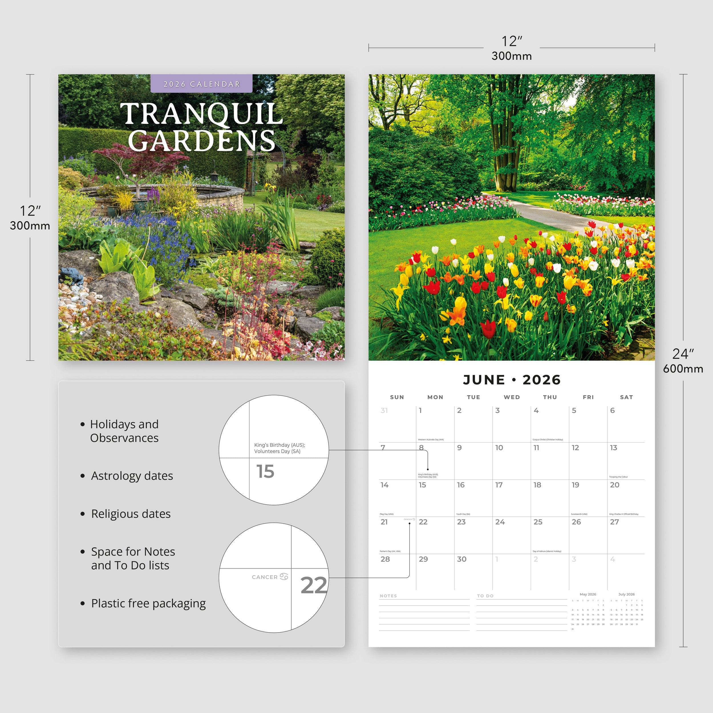 2026 Tranquil Gardens - Square Wall Calendar