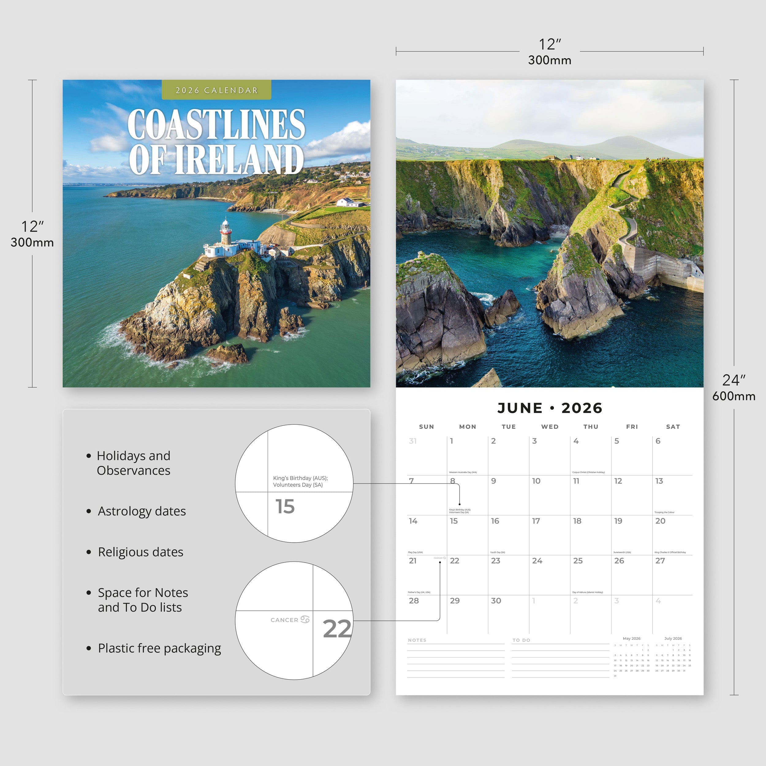 2026 Coastlines of Ireland - Square Wall Calendar