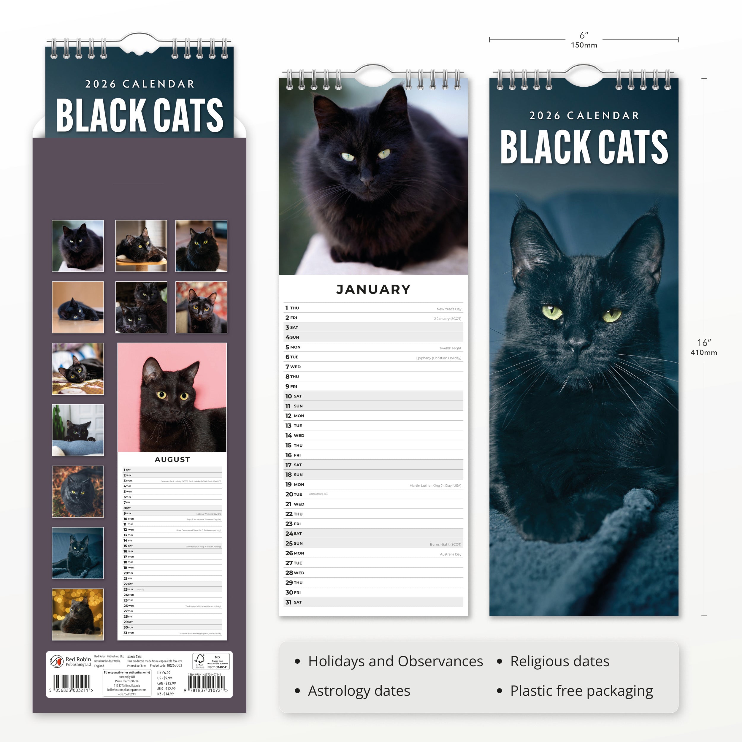 2026 Black Cats - Slim Wall Calendar