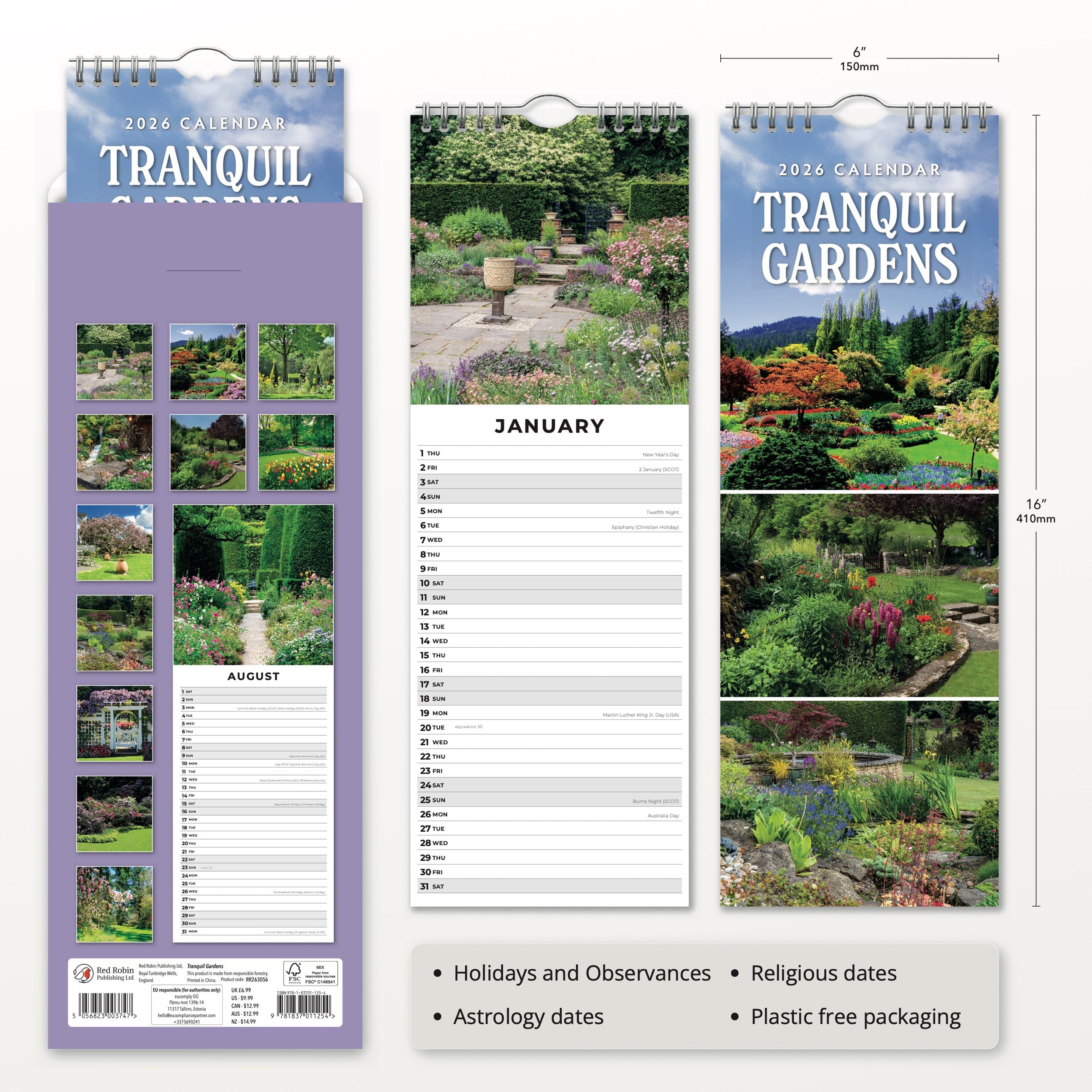 2026 Tranquil Gardens - Slim Wall Calendar