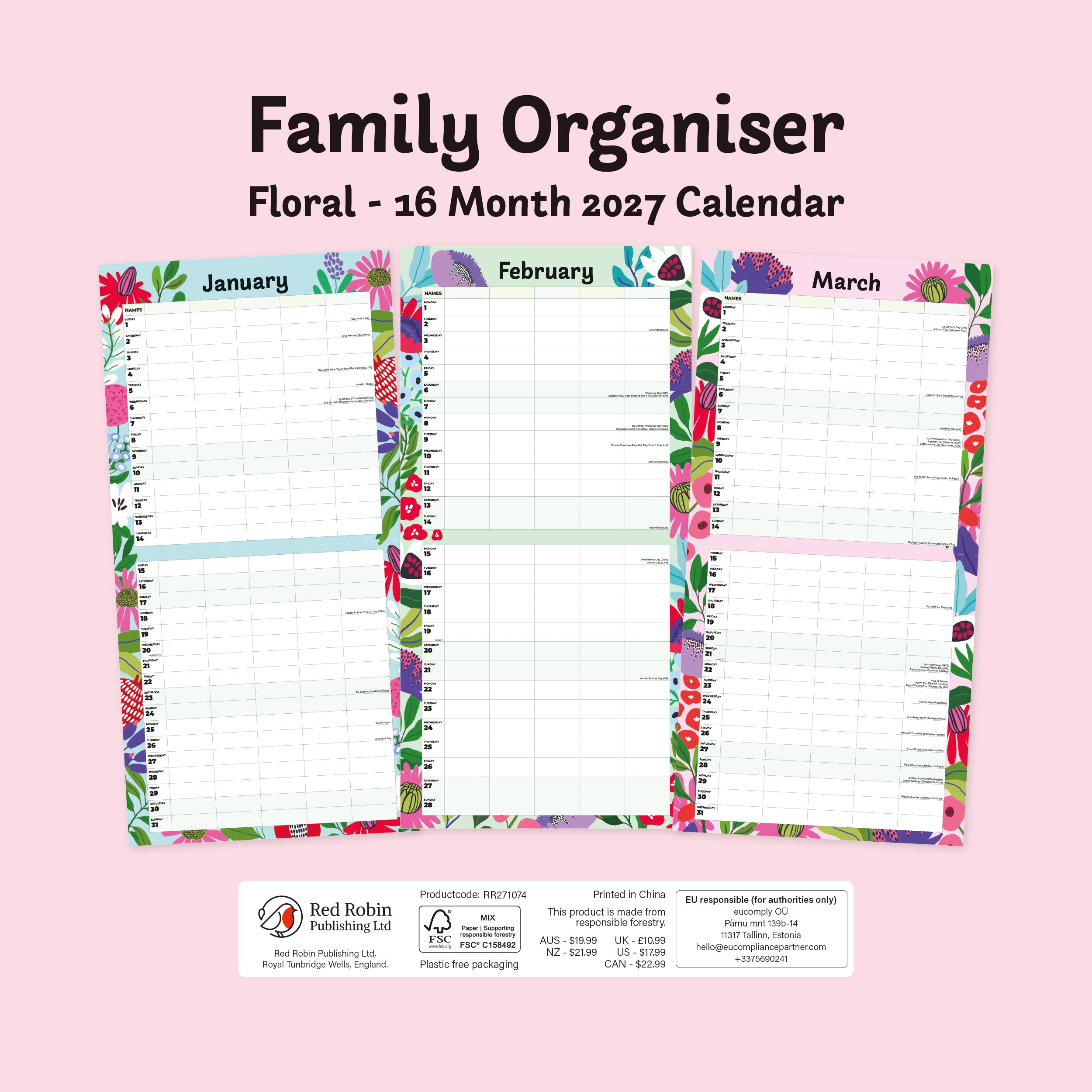 2027 Family Organiser - Floral - Square Wall Calendar