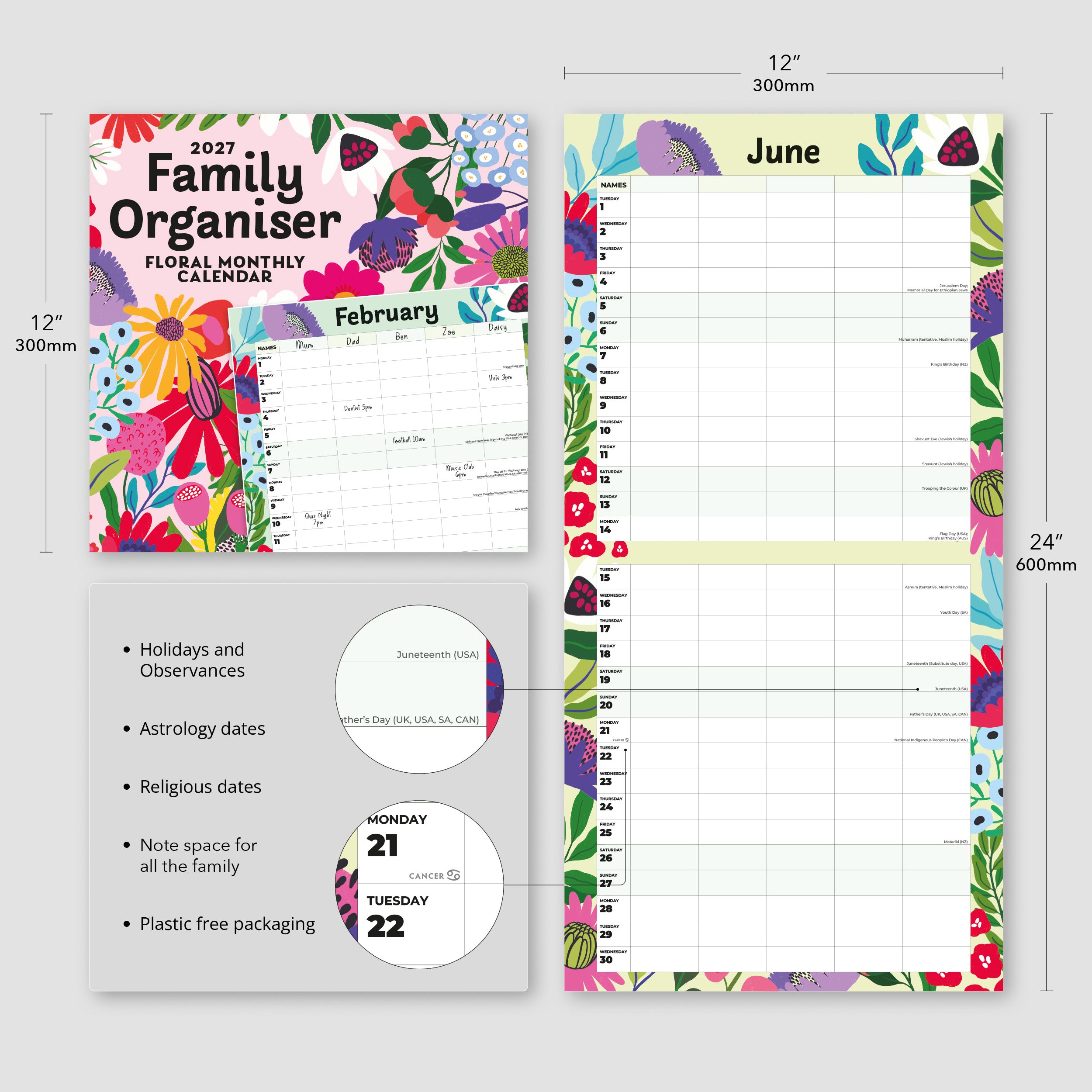 2027 Family Organiser - Floral - Square Wall Calendar