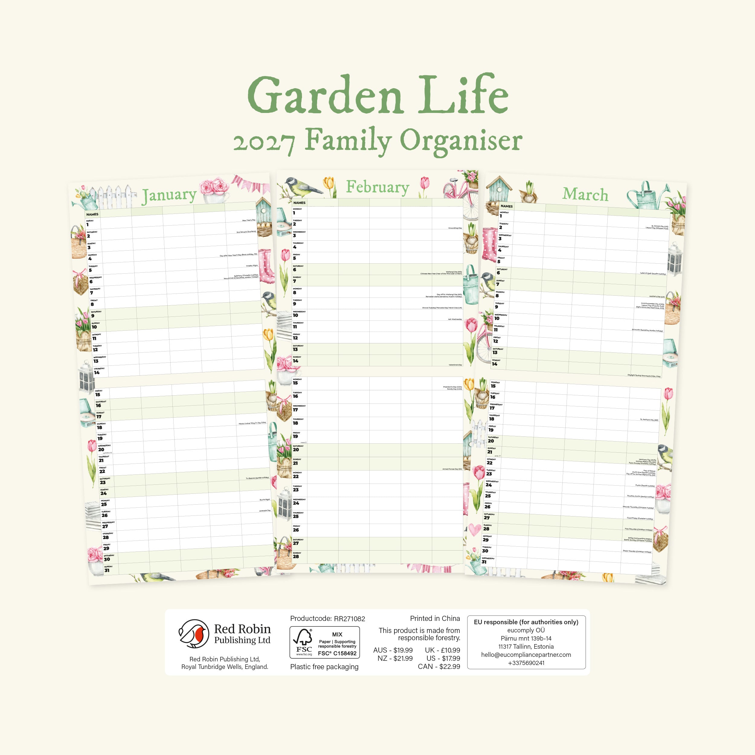 2027 Garden Life Family Organiser - Square Wall Calendar