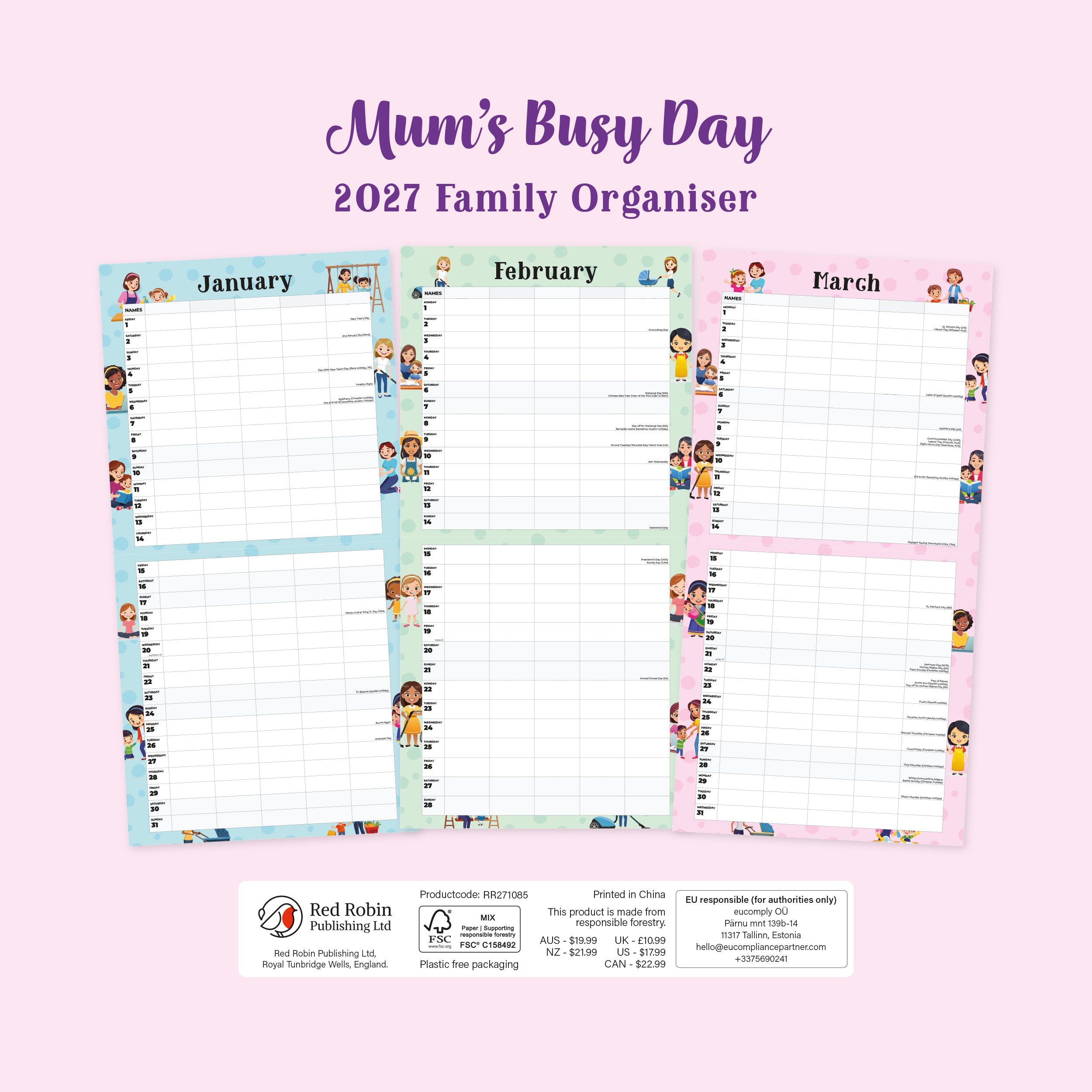 2027 Mum's Busy Day Family Organiser - Square Wall Calendar