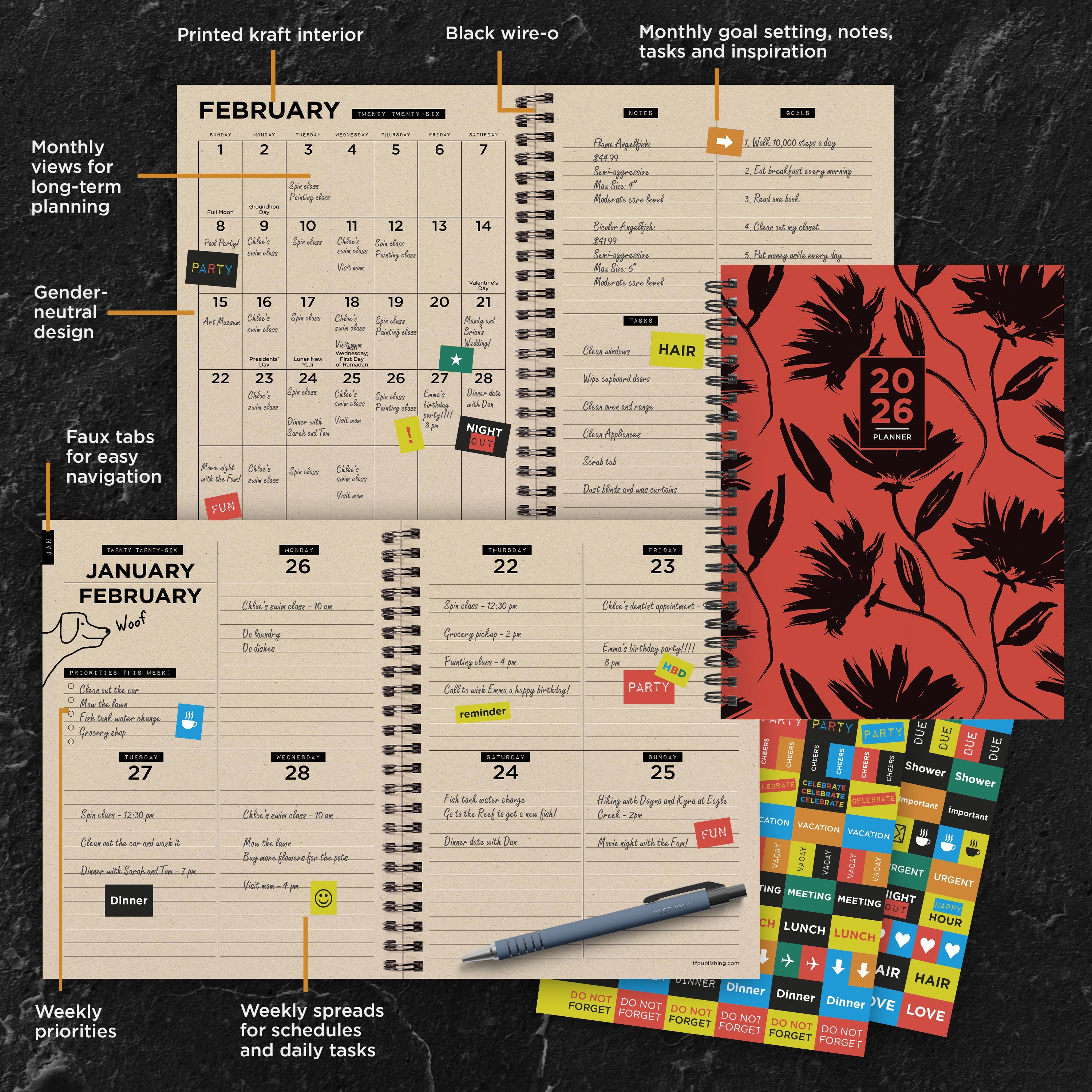 2026 Electric Red - Medium Monthly & Weekly Pocket Diary/Planner