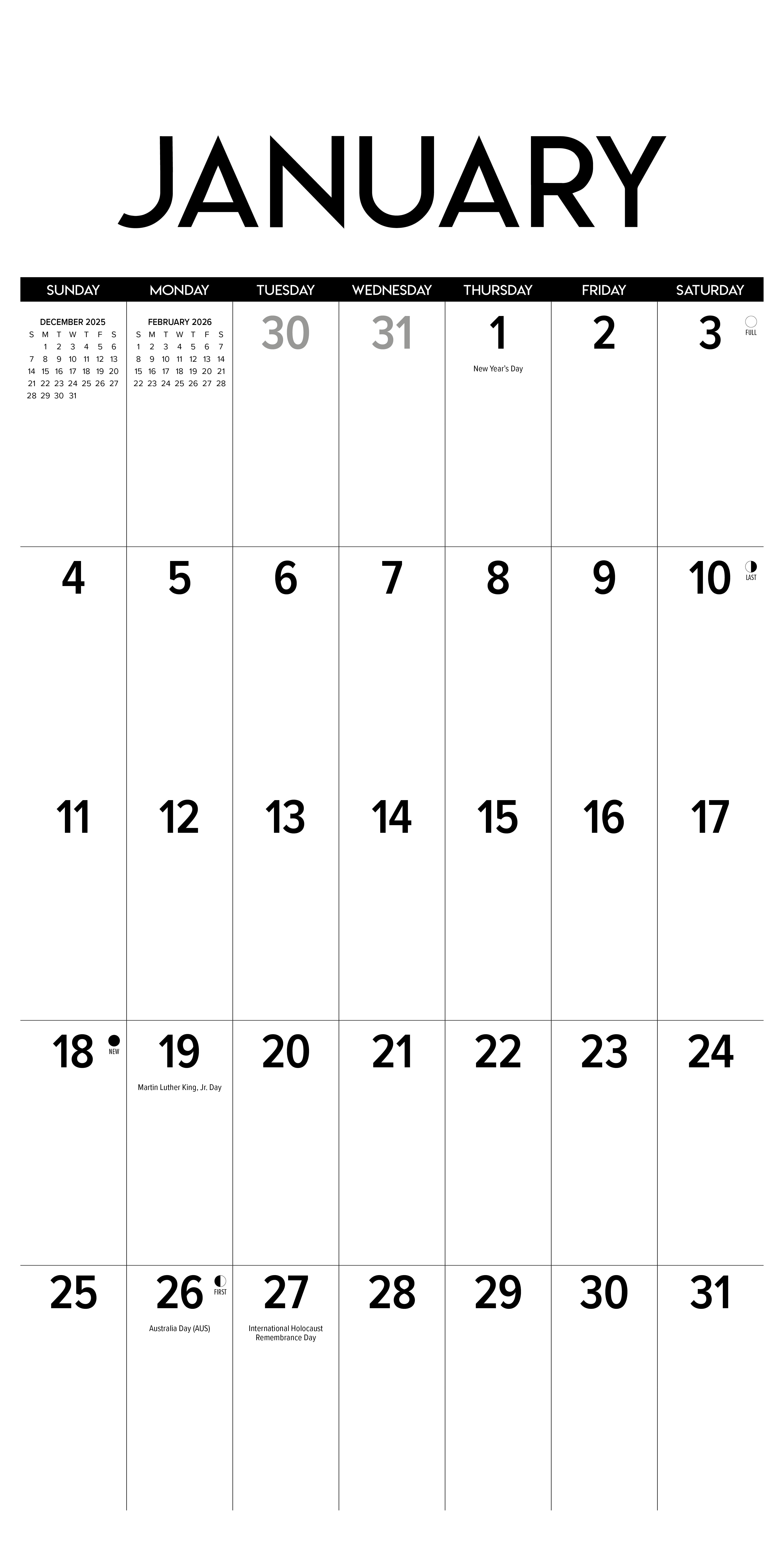 2026 Black & White Professional Large Grid - Square Wall