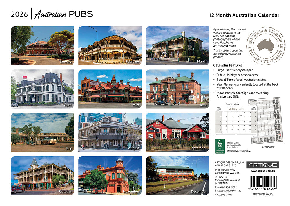 2026 Australian Pubs - Horizontal Wall Calendar
