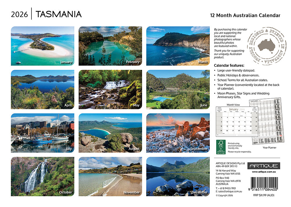 2026 Around Tasmania - Horizontal Wall Calendar