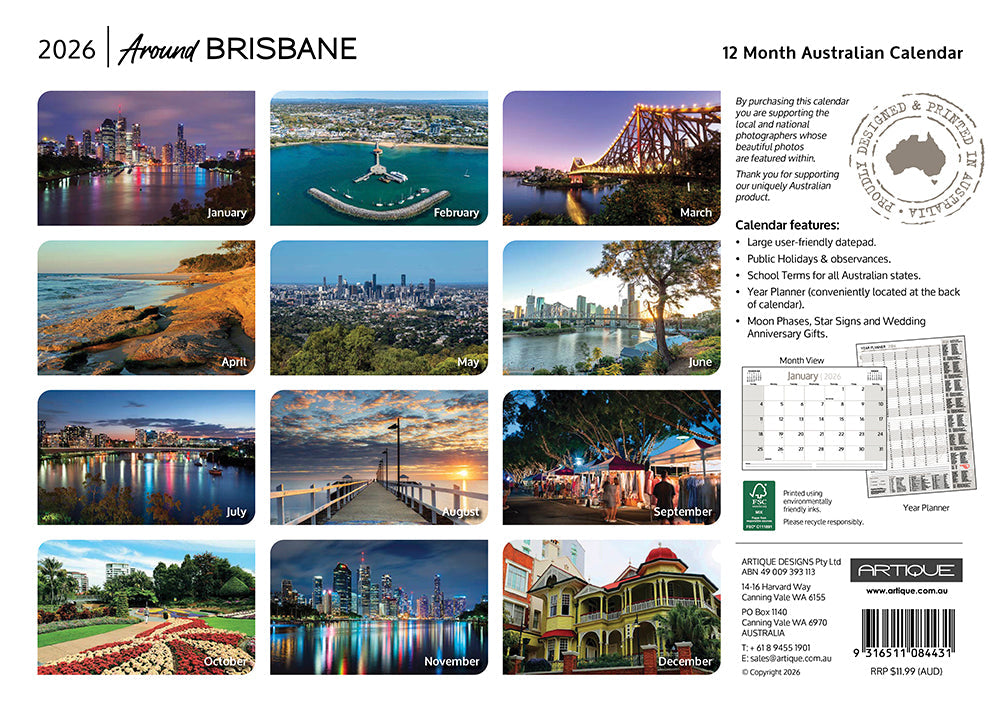 2026 Around Brisbane - Horizontal Wall Calendar