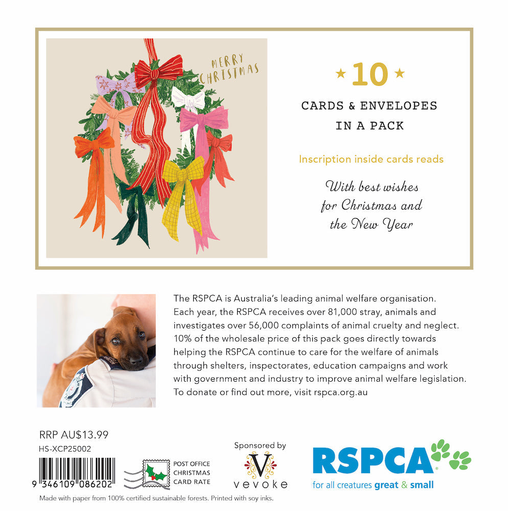 RSPCA - Weath Of Ribbons - 10 Charity Christmas Cards Pack