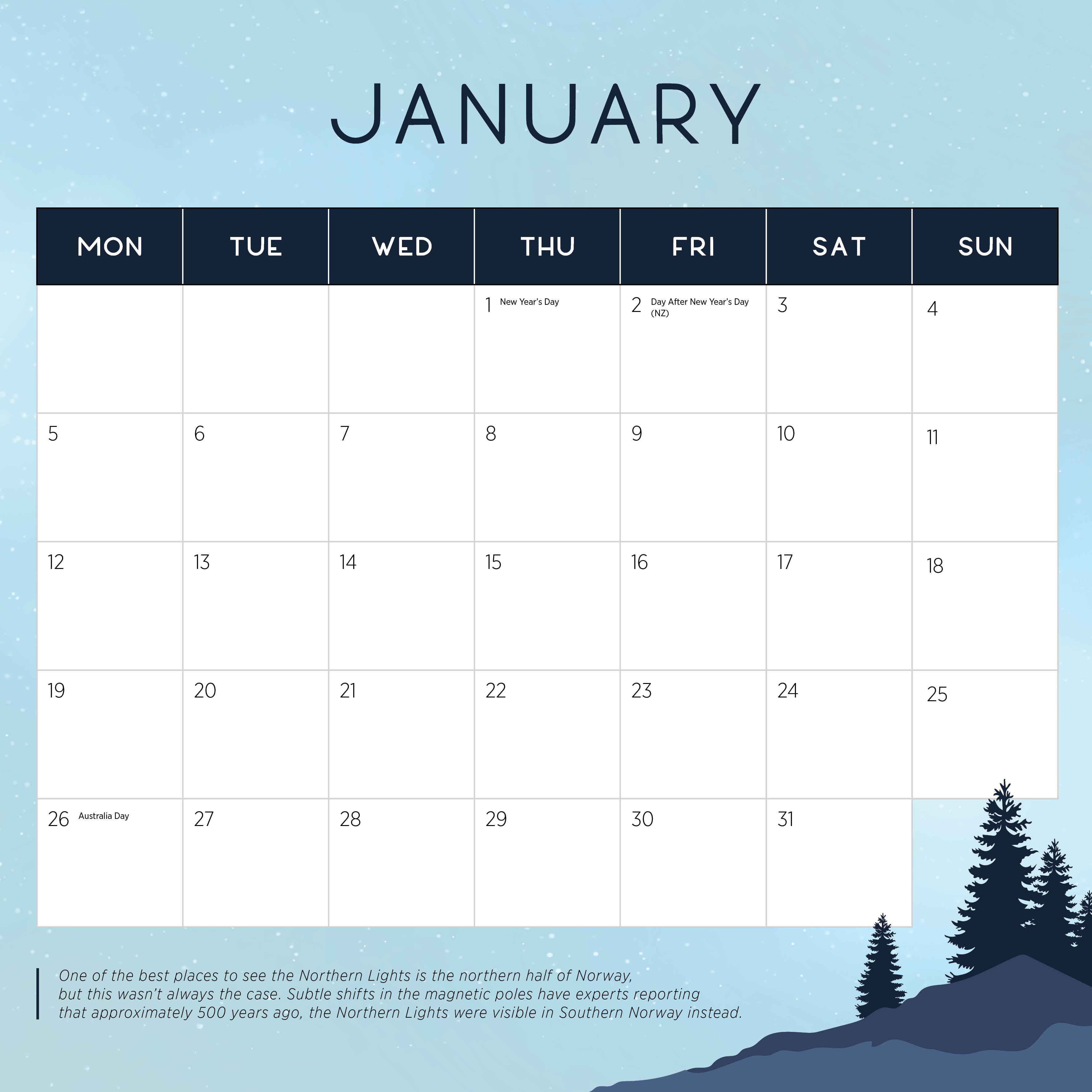 2026 Northern Lights - Square Wall Calendar