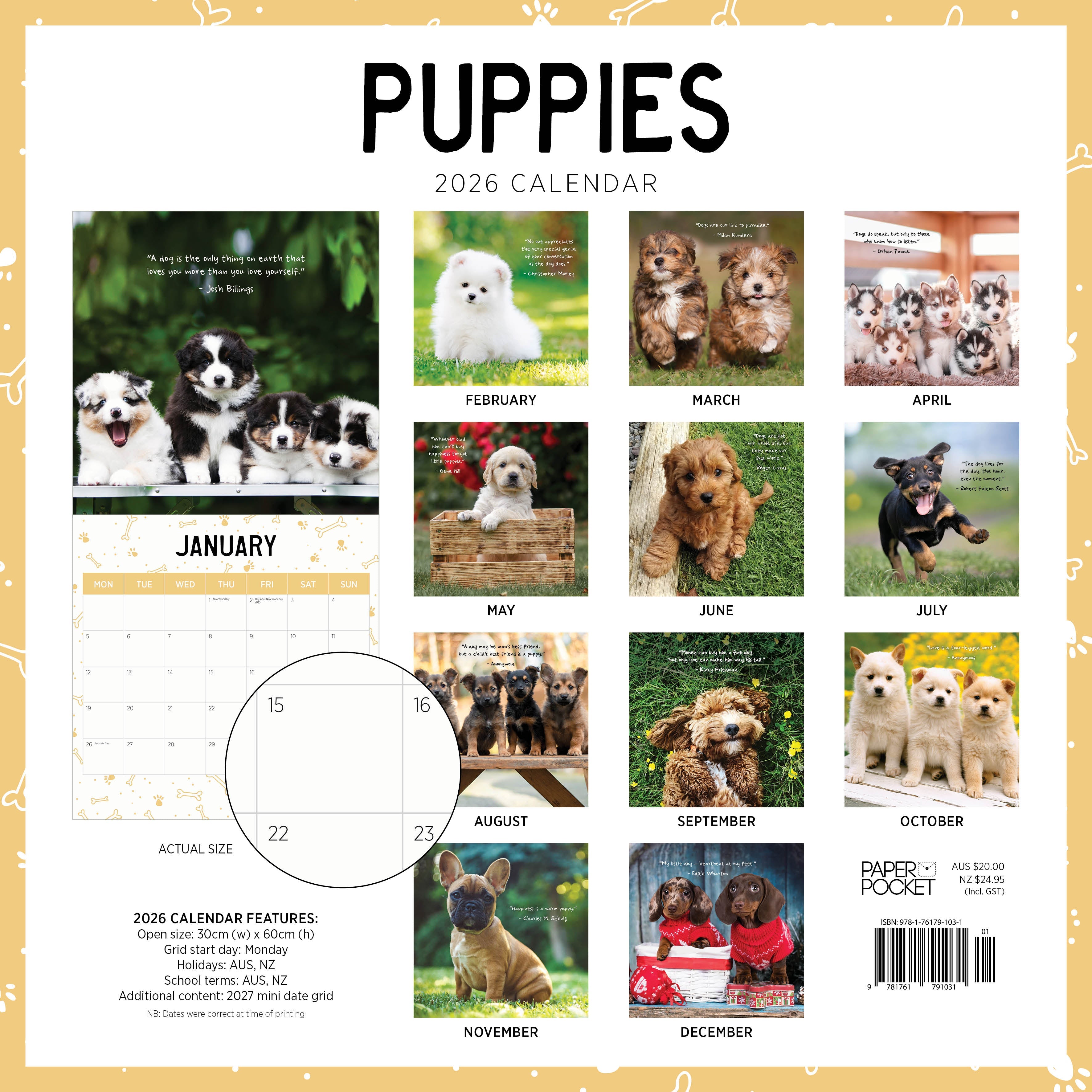 2026 Puppies - Square Wall Calendar